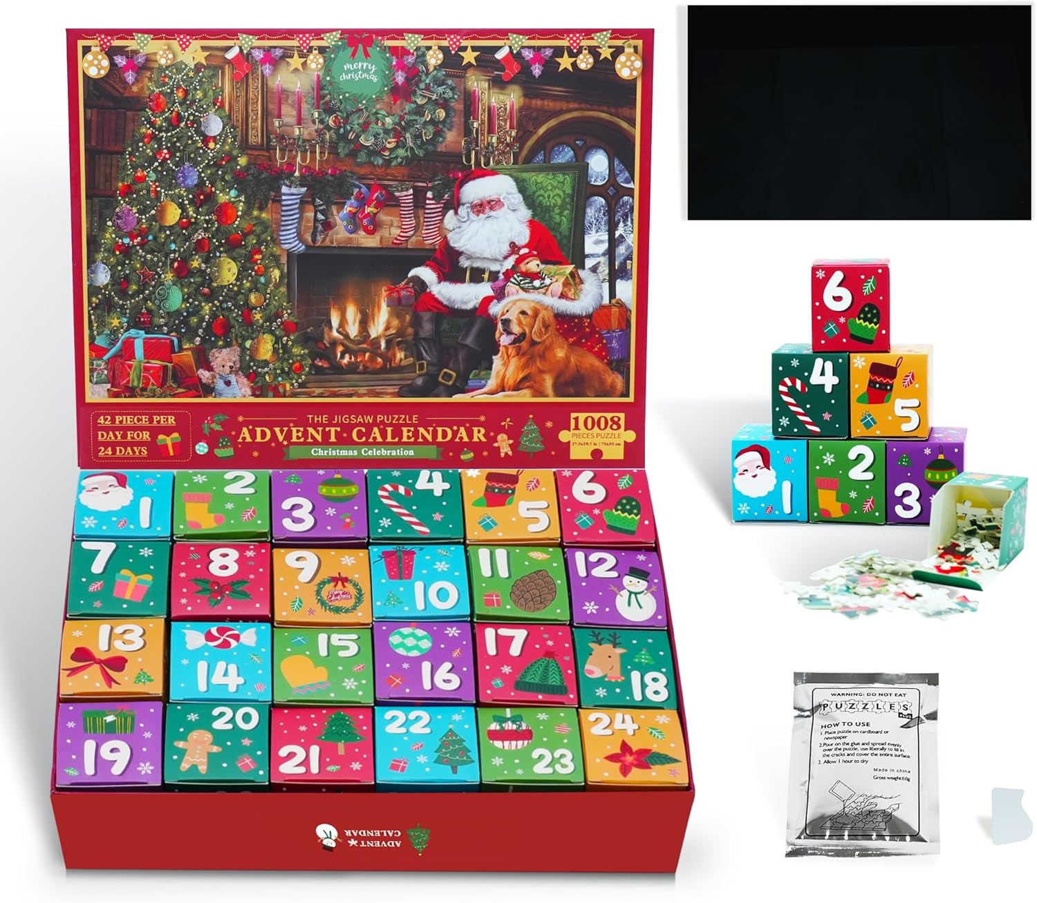 Advent Calendar 2024 Jigsaw Puzzles with Puzzle Mat, Santa Claus Jigsaw Puzzles 1008 Pieces, 24 Days Surprise Christmas Countdown Calendars Gift for Kids Adults