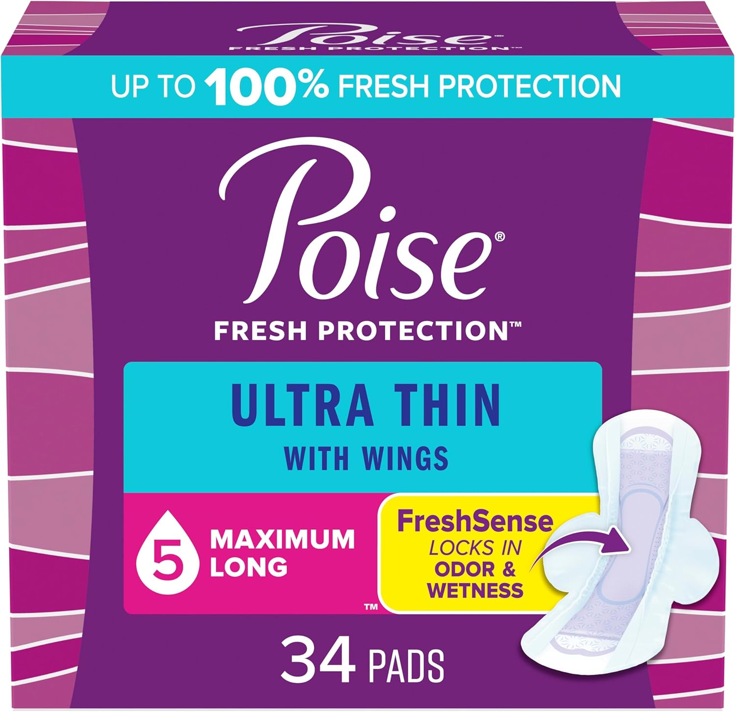 Poise Ultra Thin Incontinence Pads with Wings & Postpartum Incontinence Pads, 5 Drop Maximum Absorbency, Long Length, 34 Count, Packaging May Vary