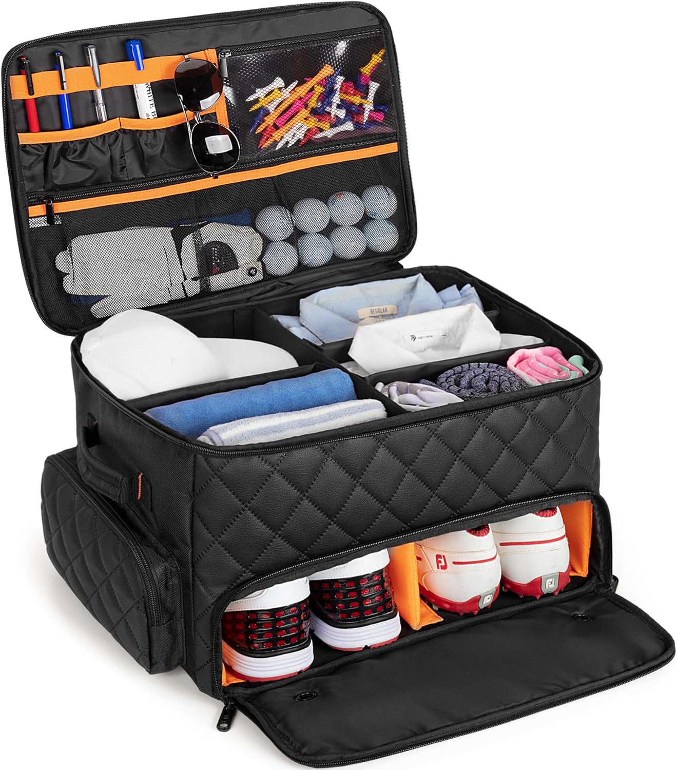 2 Layer Golf Trunk Organizer, Golf Car Storage Organizer with Individual Ventilated Compartment for 2 Pairs Shoes, Golf Car Locker for Balls, Clothes, Tees, Gloves, Accessories