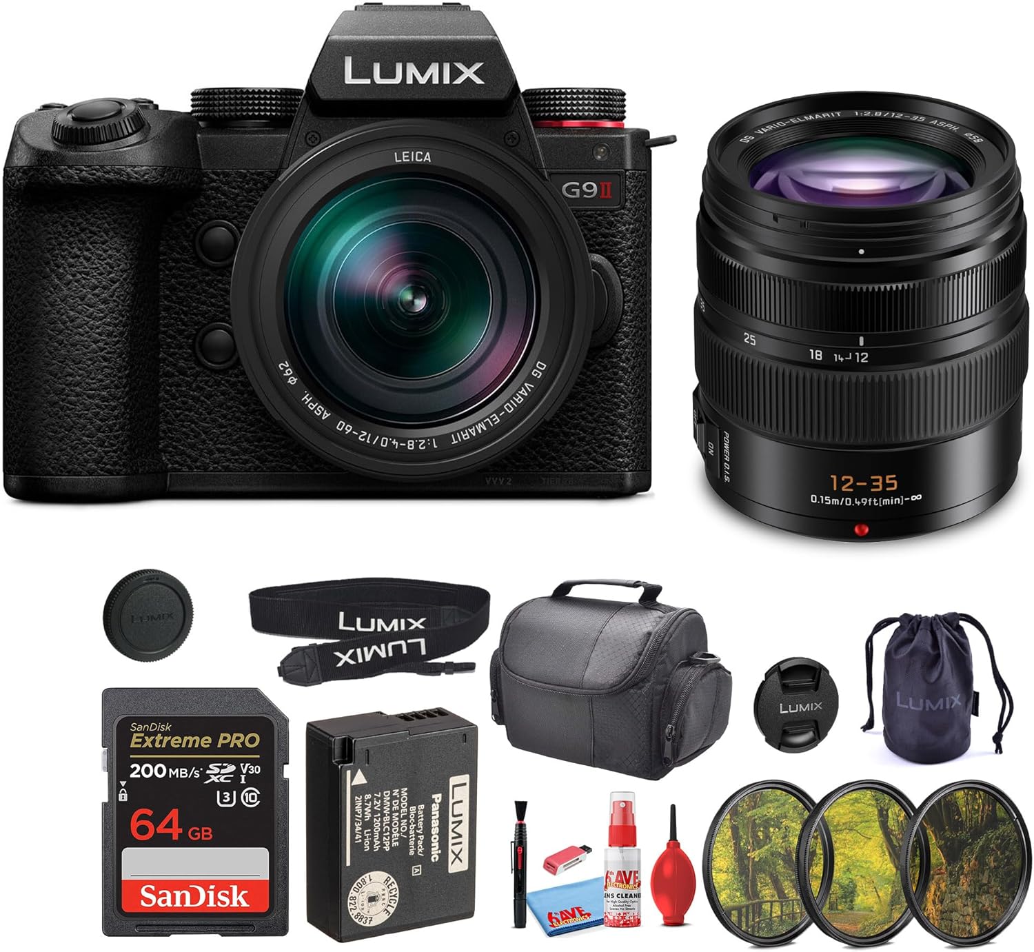 Panasonic Lumix G9 II Micro Four Thirds Mirrorless Camera, 25.2MP with 12-60mm F2.8-4 Lens (DC-G9M2LK) + 12-35mm Lens + Filter Kit + 64GB Card + Card Reader + Bag + Cleaning Kit