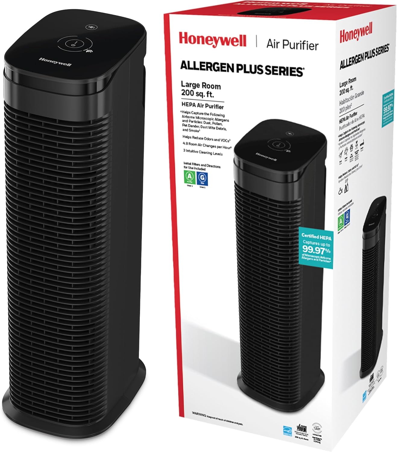 Honeywell AllergenPlus Series Compact HEPA Air Purifier Tower, Allergen Reducer for Large Rooms (200 sq ft), Black – Wildfire/Smoke, Pollen, Pollen, Pet Dander & Dust Air Purifier, HPA175