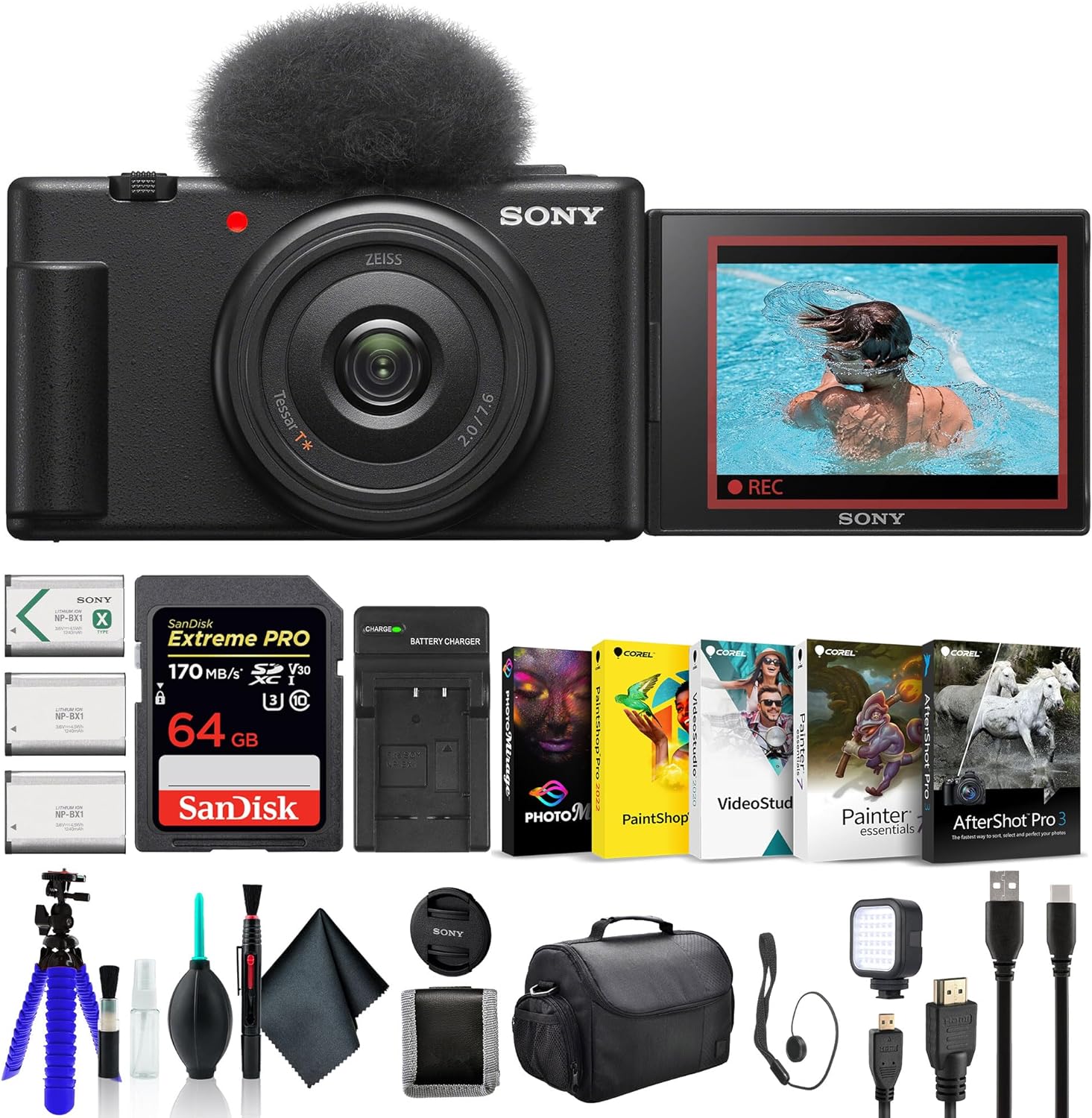 Sony ZV-1F Vlogging Camera Black ZV1F/B, Case, 64GB Card, 2 x NP-BX1 Battery, Card Reader, Corel Photo Software, HDMI Cable, LED Light, Charger, Flex Tripod, Memory Card Wallet, and More