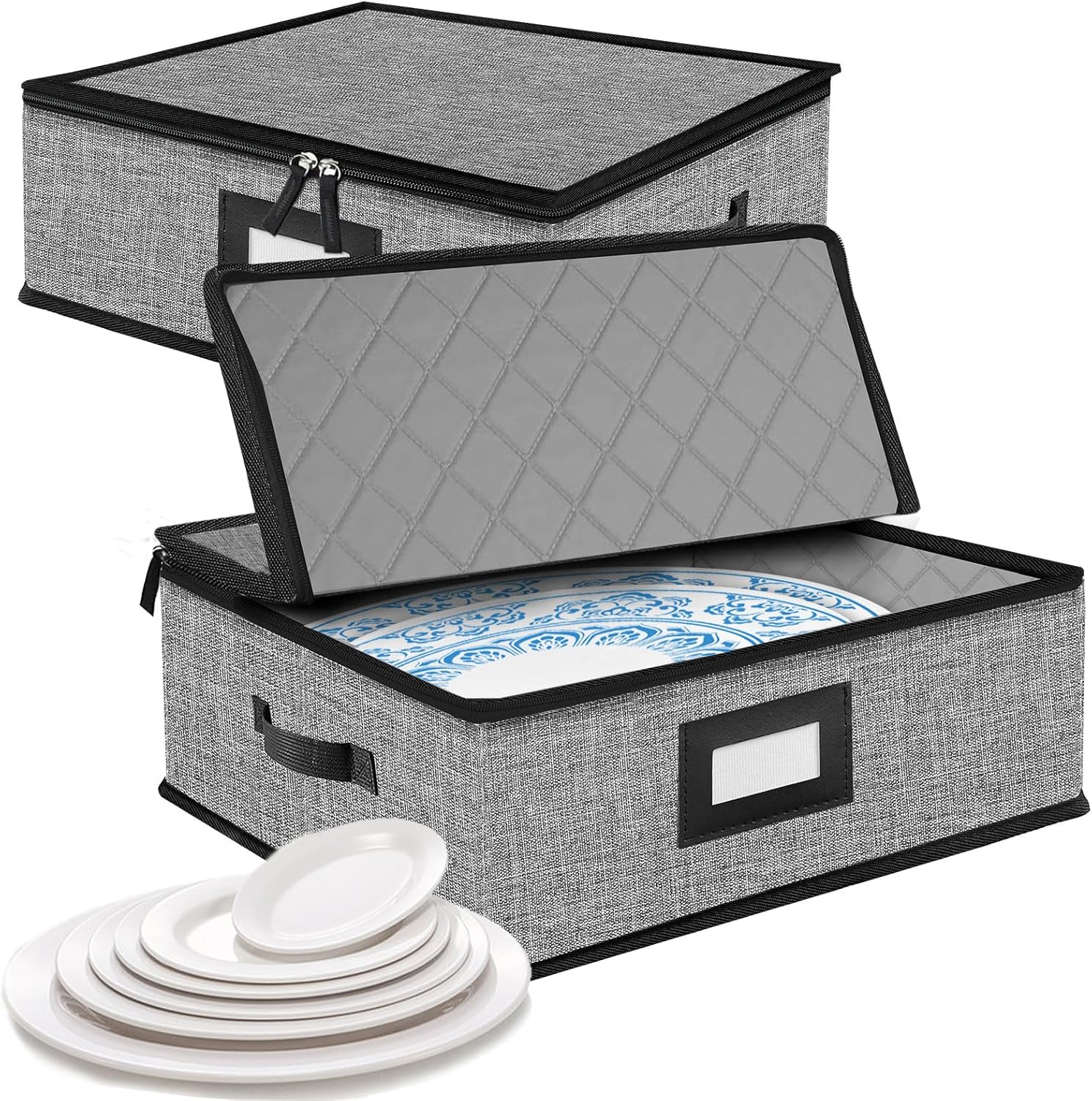 Quilted Platter Storage Case 2PACK-Fine China Storage Containers Hard Shell for Organizing,Stackable Plate Storage Containers with 8 Felt Dividers,dinnerware Storage,Moving Box,Moving Supplies