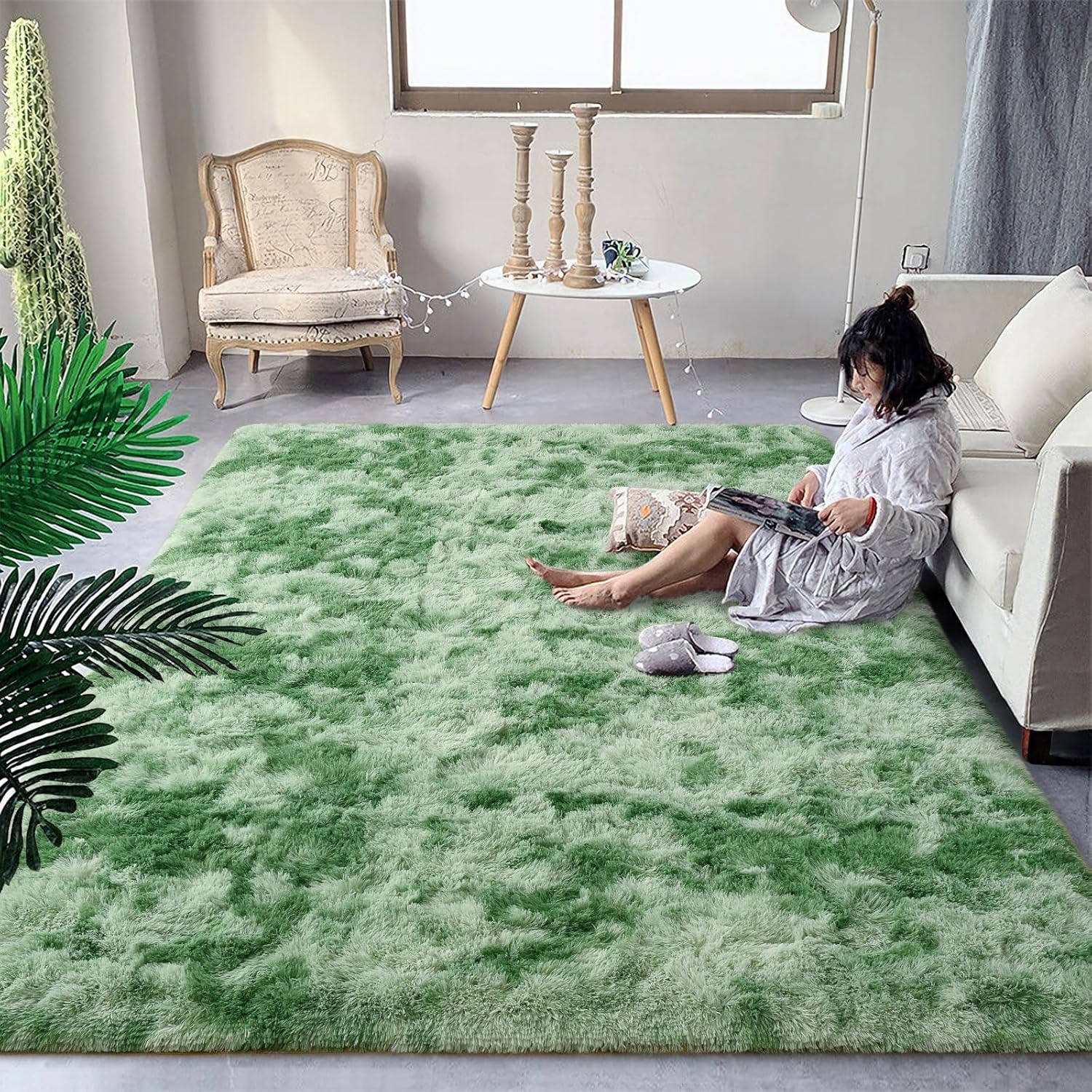 DweIke Extra Large Fluffy Area Rug, 6×9 ft Modern Indoor Carpets for Living Room Bedroom, Plush High Pile Tie-Dyed Sage Green Rug for Girls Kids Playroom Classroom Nursery Home Décor, Sage Green