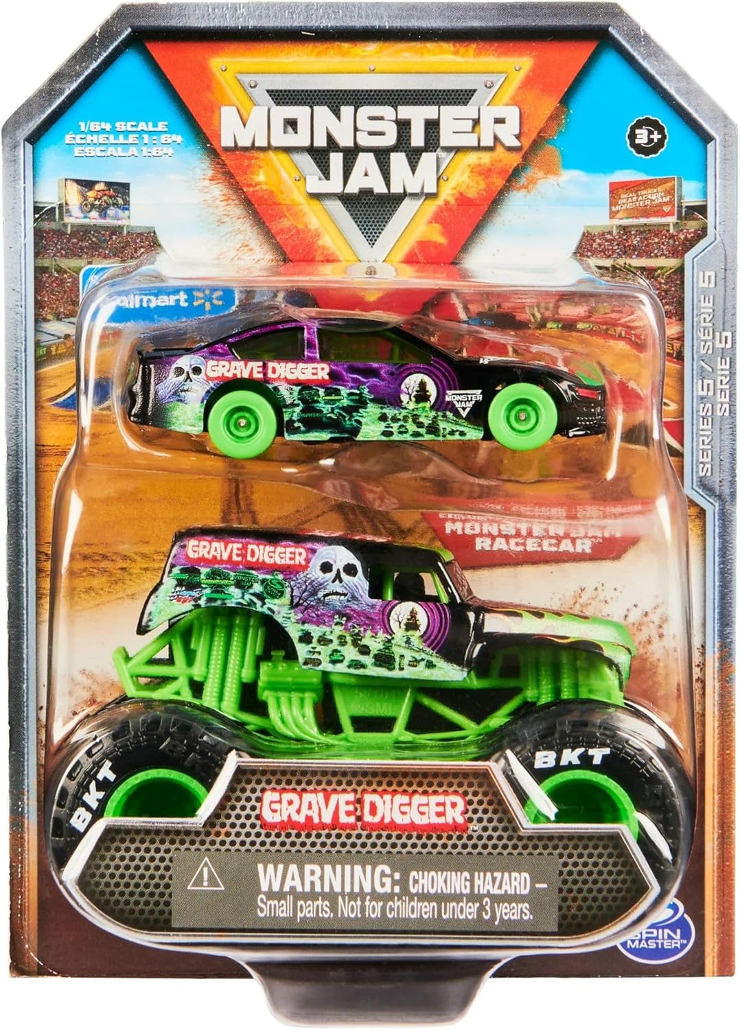 Monster Jam Official 1:64 Scale Diecast 2-Pack Series 5 Monster Truck and Race Car: Grave Digger