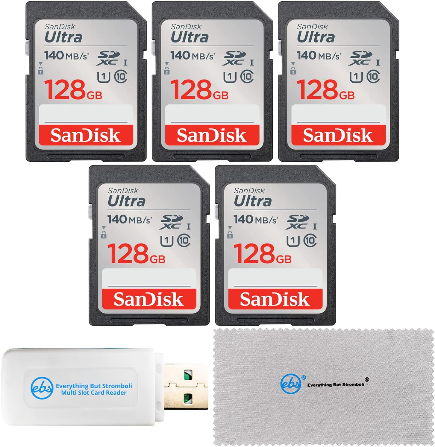 SanDisk 128GB Ultra – 5 Pack UHS-I Class 10 SD Flash Memory Card Retail (SDSDUNB-128G-GN6IN) Bundle with Everything But Stromboli Multi Slot Card Reader & Micro Fiber Cloth