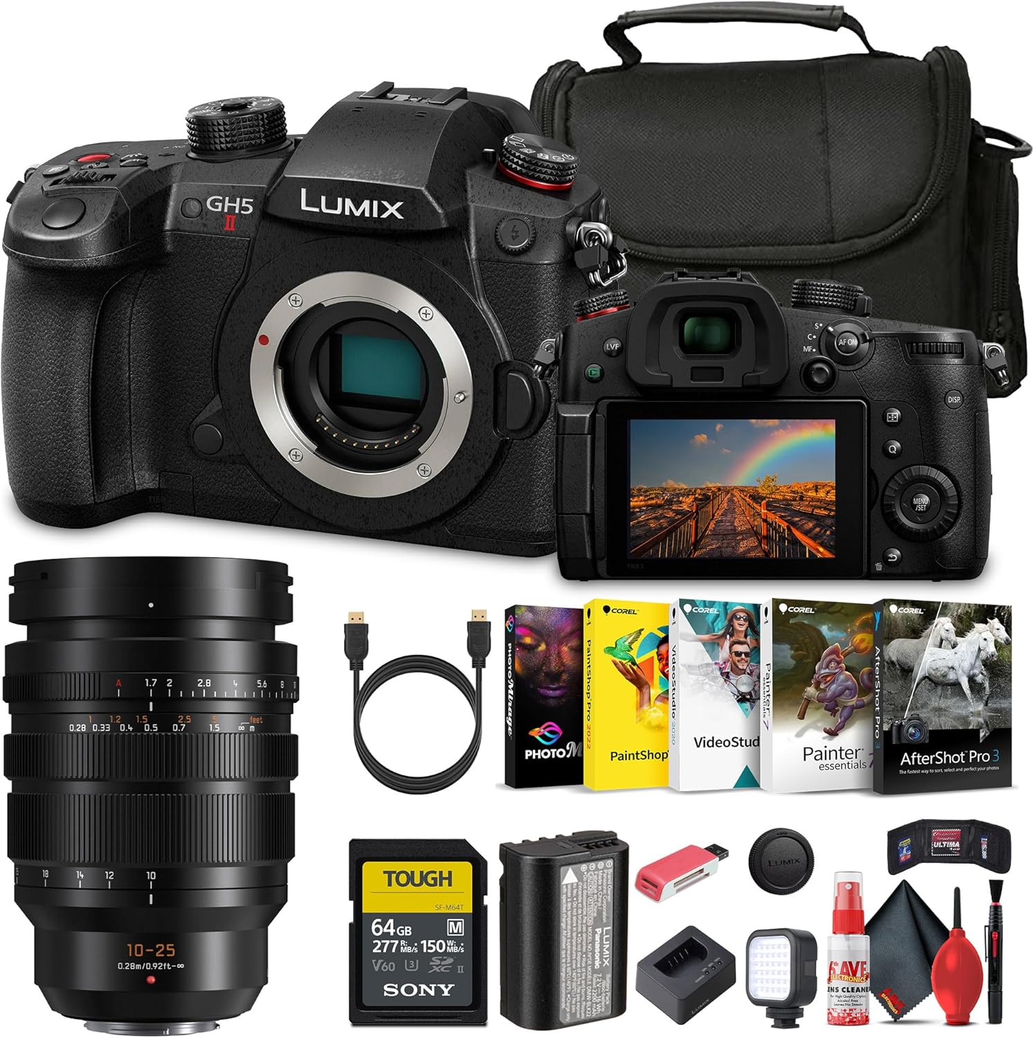 Panasonic Lumix GH5 II Mirrorless Micro Four Thirds (DC-GH5M2BODY) Camera 10-25mm Lens + 160 LED Light + 64 GB Memory Card + Carry Case + Cleaning Kit + Art Studio Software + More