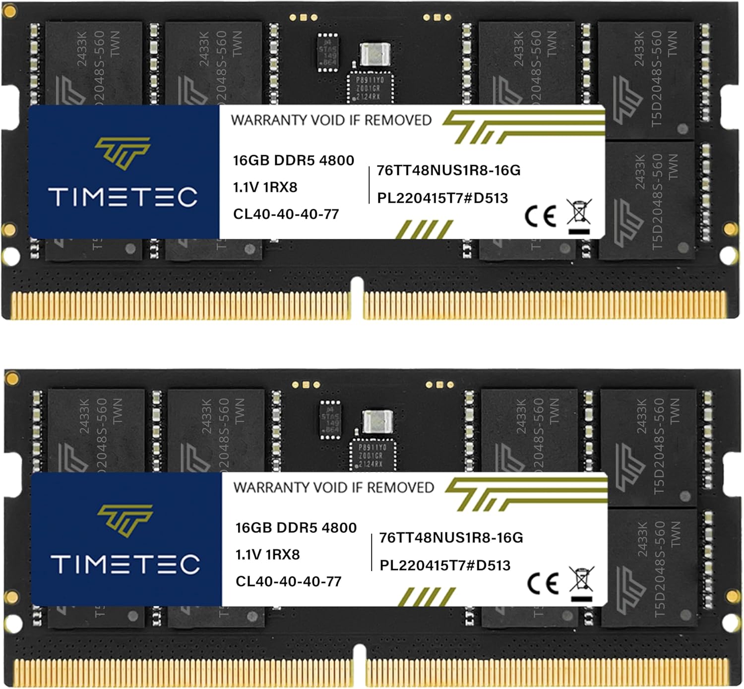 Timetec 32GB KIT(2x16GB) DDR5 4800MHz PC5-38400 Unbuffered Non-ECC 1.1V CL40 1Rx8 Single Rank 262 Pin SODIMM Laptop Memory RAM Module Upgrade (32GB KIT(2x16GB))