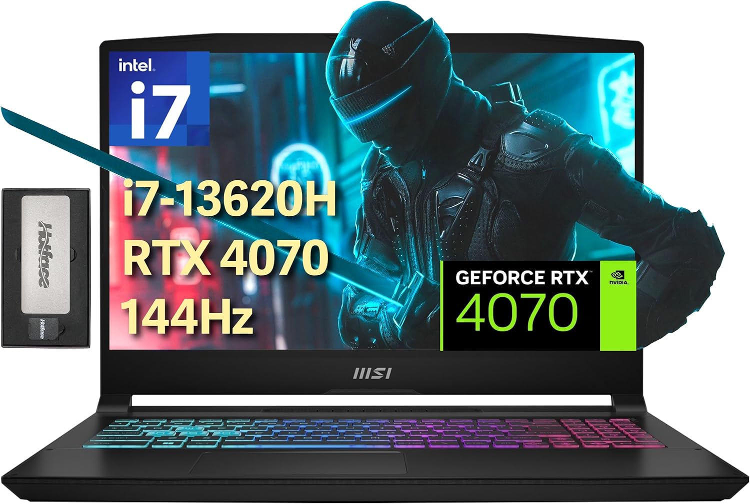 MSI Katana 15.6″ 144Hz FHD Gaming Laptop, Intel i7-13620H, 16GB DDR5, 1TB PCIe SSD, 4 Zone RGB Keyboard, Number Pad, NVIDIA GeForce RTX 4070, Windows 11 Pro, Black, 256GB Docking Station Set