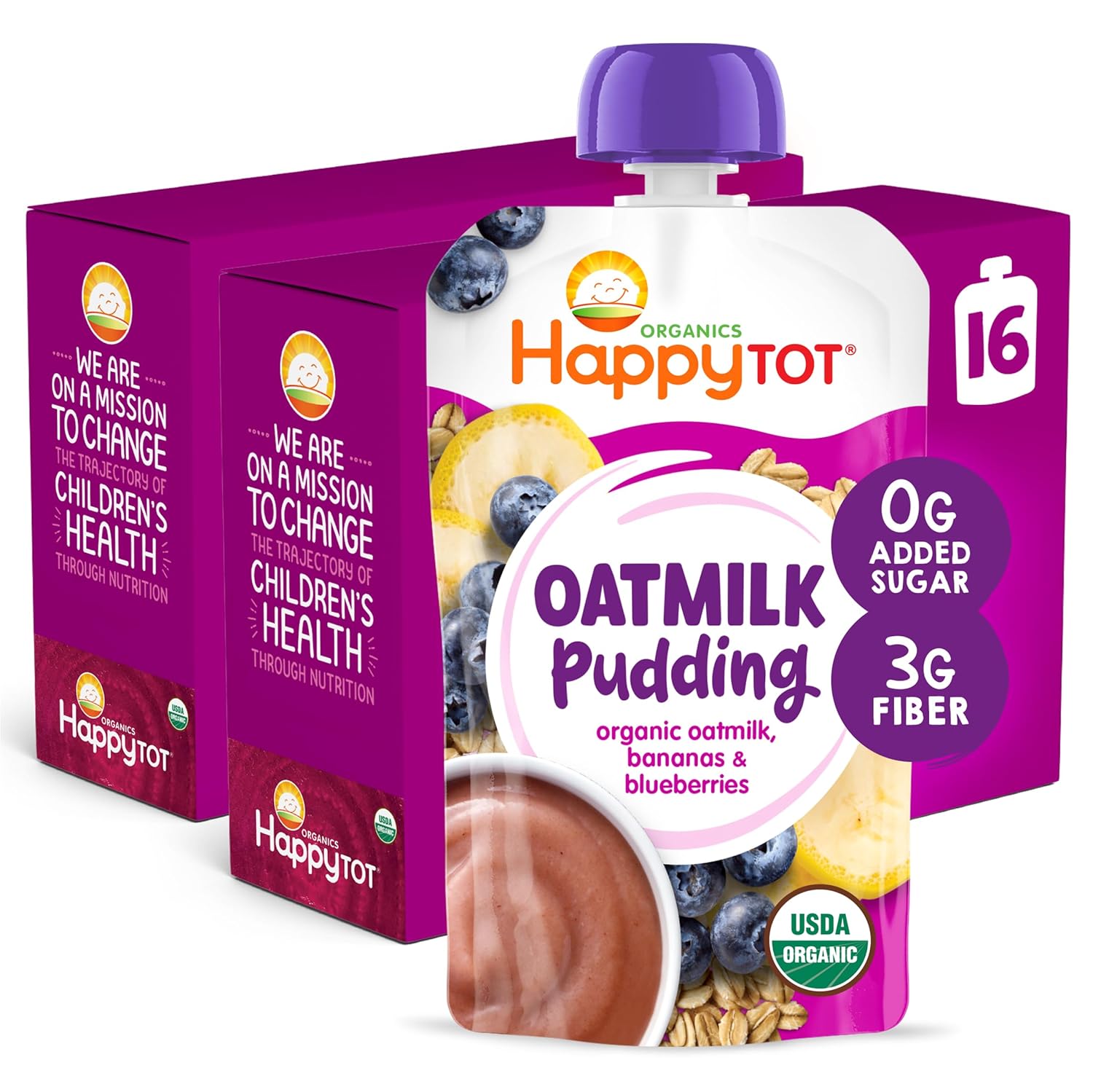 Happy Tot Organics Oatmilk Pudding, Dairy-Free, Stage 4 Toddler Snack, Oatmilk, Bananas & Blueberries, 4 Ounce Pouch, Pack of 16