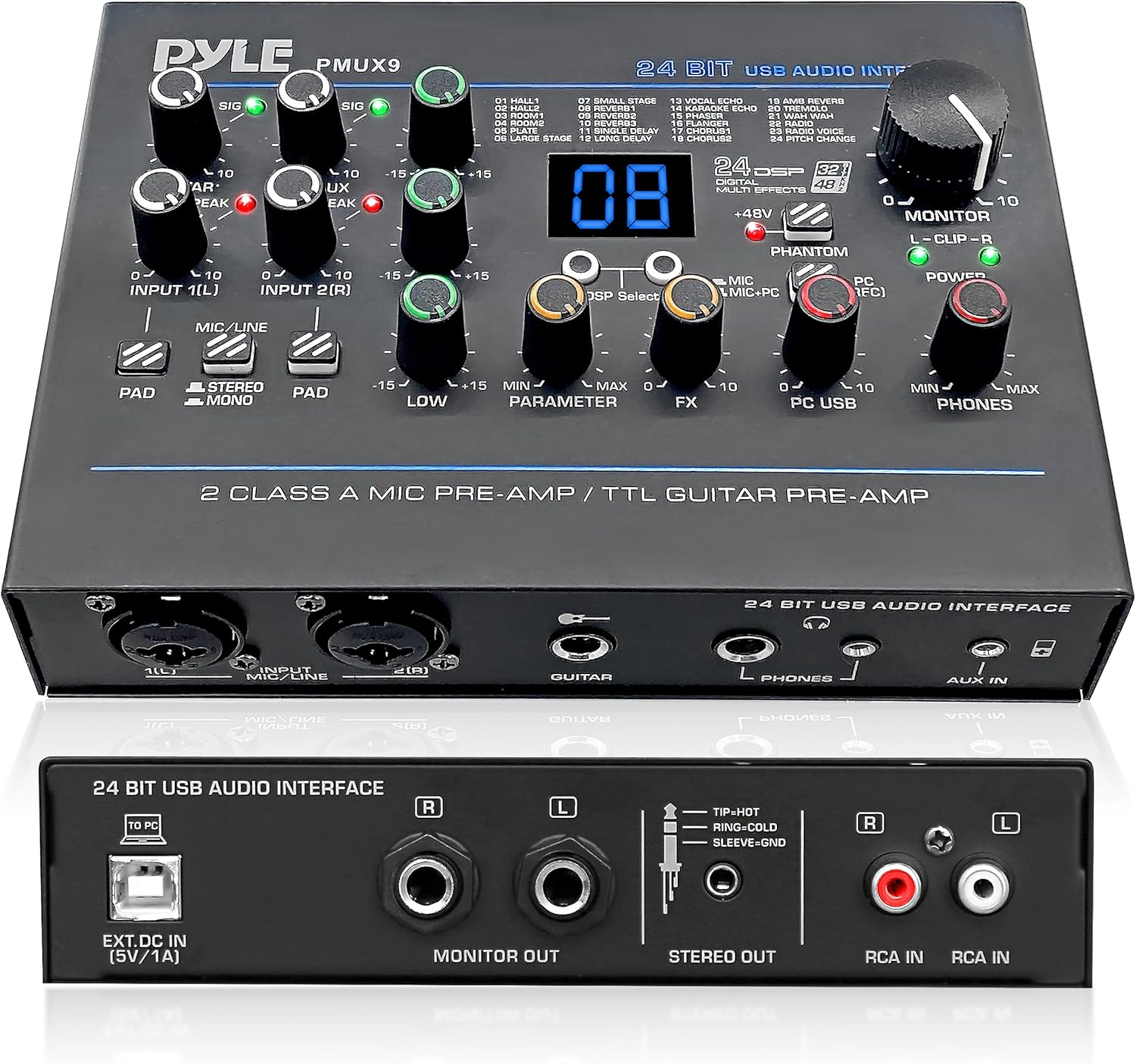 Pyle Professional USB Audio Interface with MIC/LINE, Guitar, AUX Stereo and RCA Inputs, Phone/Stereo/Monitor Outputs, Ideal for Computer Playing & Recording, Preset 24 Digital Effects – PMUX9