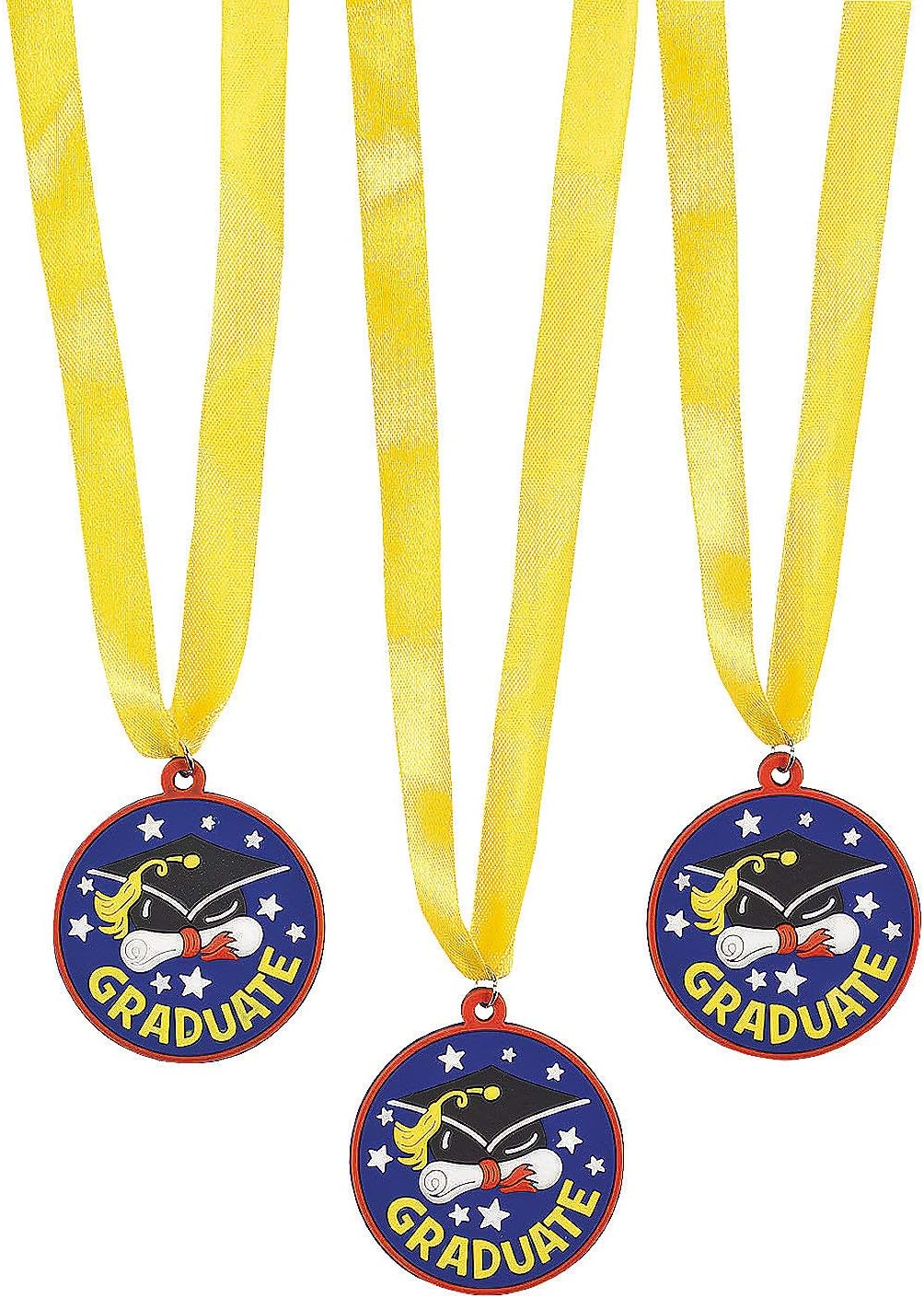 Fun Express 2″” Graduate Hat & Diploma Medals – Blue & Yellow Plastic Awards – Bulk Set of 12 – Kids’ Graduation & Achievement Favors