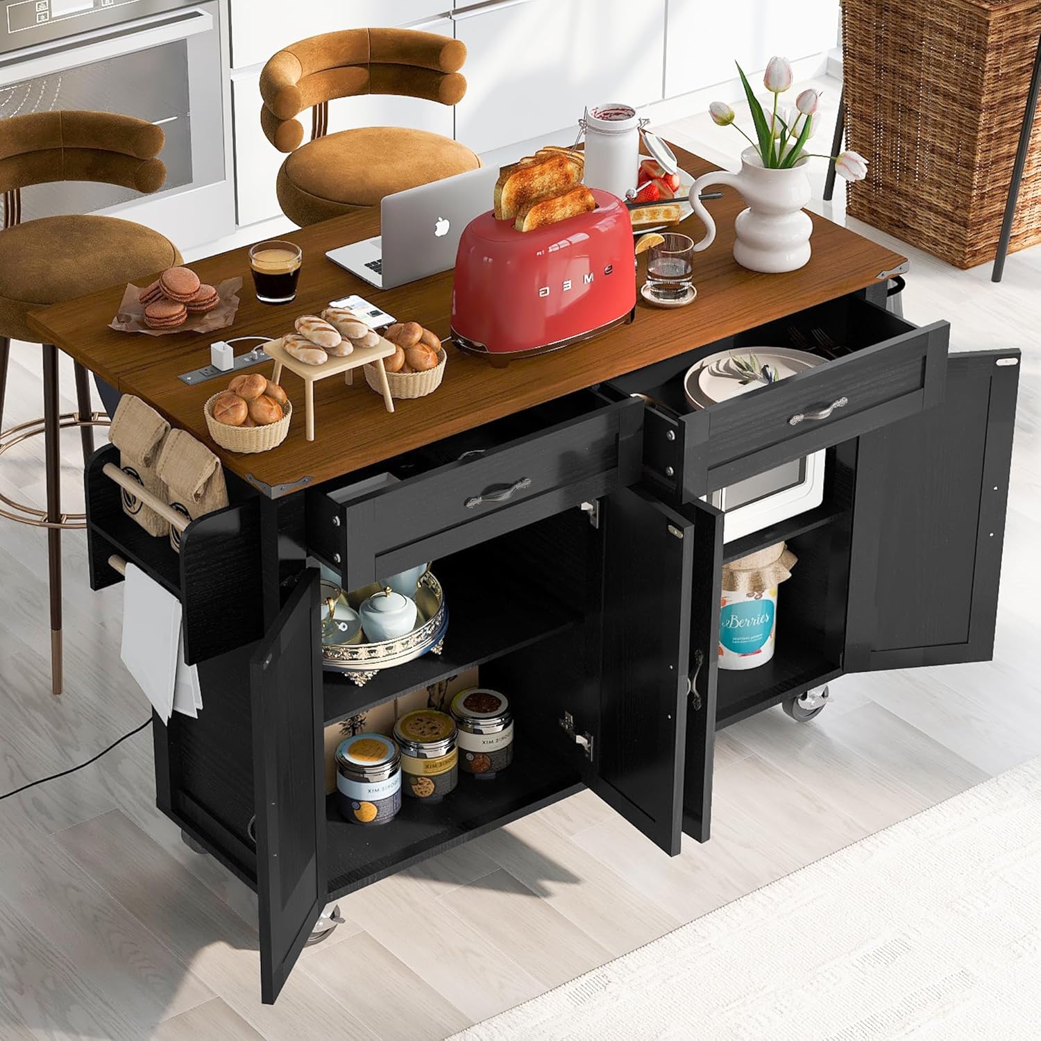 Farmhouse Kitchen Island with Power Outlet, Wood Kitchen Storage Island with Drop Leaf, Spice Rack and Drawer, Rolling Kitchen Cart on Wheels for Home, Kitchen and Dining Room (Black-K7)