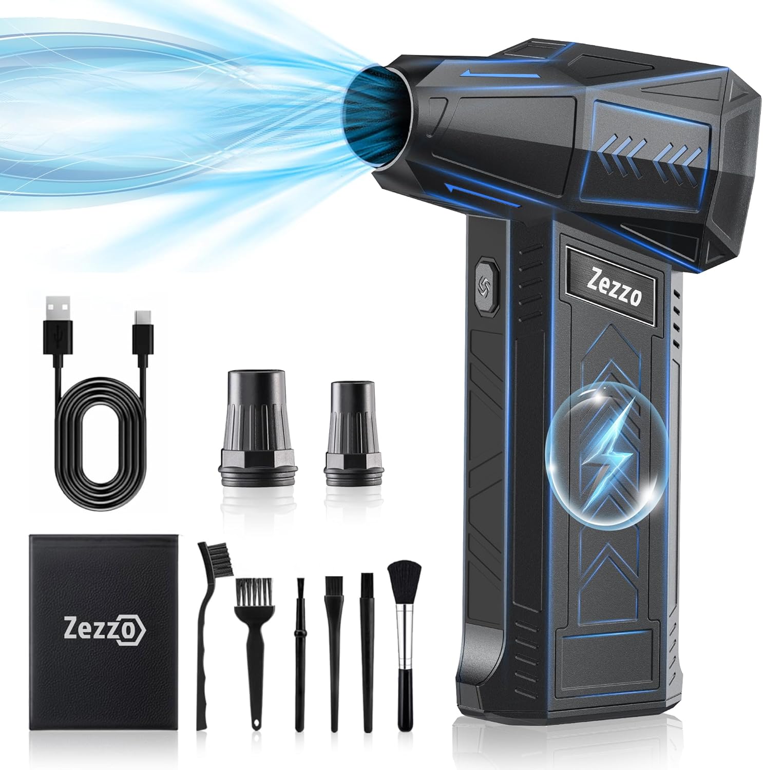 Zezzofan Compressed Air Duster,180000RPM Mini Electric Air Duster,Powerful Blower High Speed Duct Fan,3 Adjustable Rechargeable Cordless Air Broom for Keyboards Home Outdoor Dust Rain Snow Removal