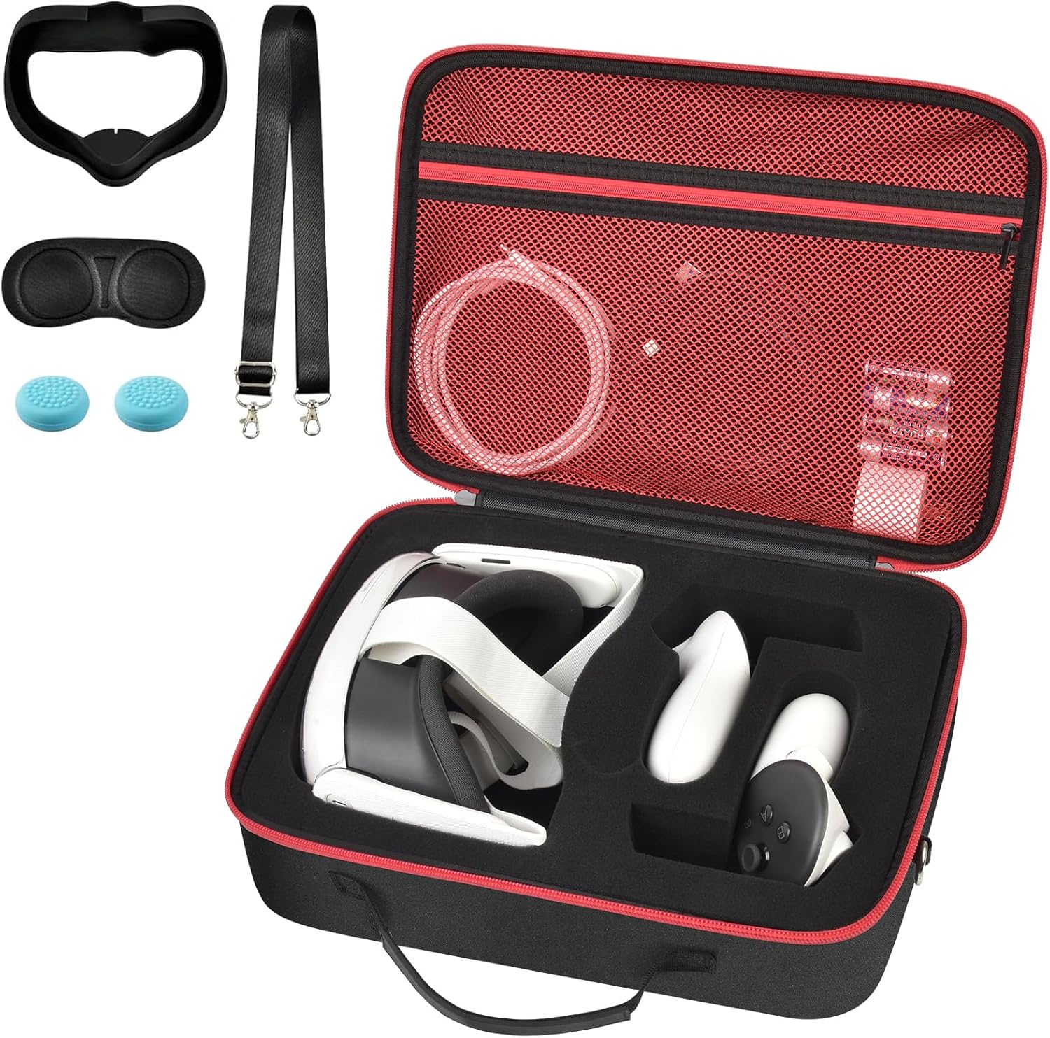 Hard Carrying Case for Meta Quest 3/ Quest 3S/ for Oculus Quest 2 VR Gaming Headset and Touch Controllers, Travel Storage Bag with Silicone Face Cover & Lens Protector & Accessories – Red Zipper