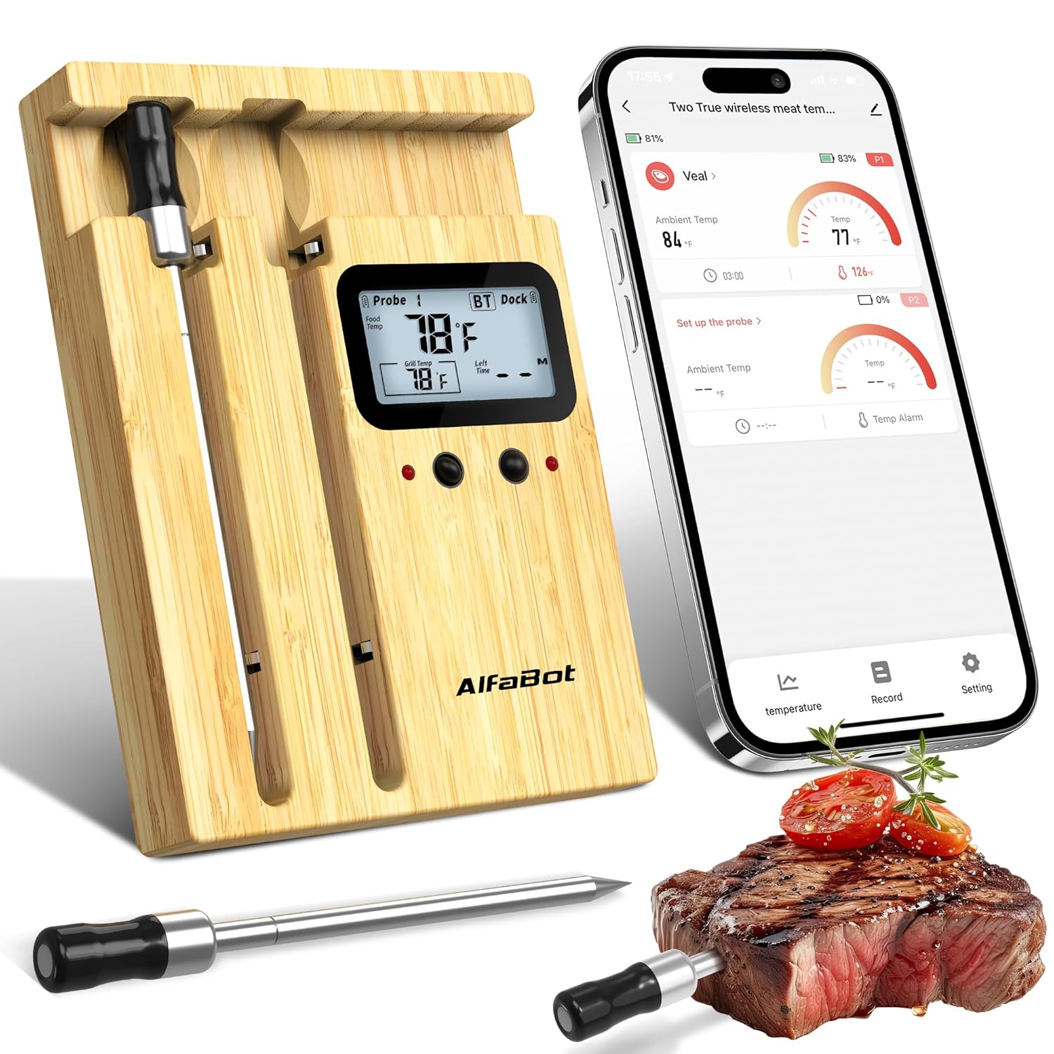 2-Probe Wireless Meat Thermometer, AlfaBot 525FT Bluetooth Smart Meat Thermometer with LCD-Enhanced Booster, Digital Food Thermometer for Remote Monitoring of Turkey, Grill BBQ Oven Smoker