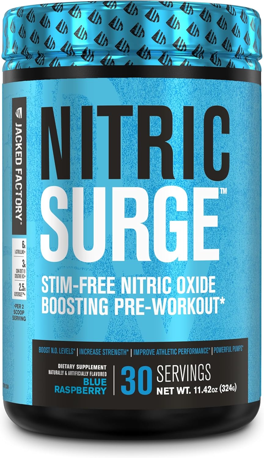 Nitric Surge Stim Free Pre Workout Powder – Caffeine Free Nitric Oxide Supplement w/Con-Cret Creatine, L Citrulline, & GlycerSize Glycerol for Pumps & Muscular Hydration – Blue Raspberry, 30 Servings