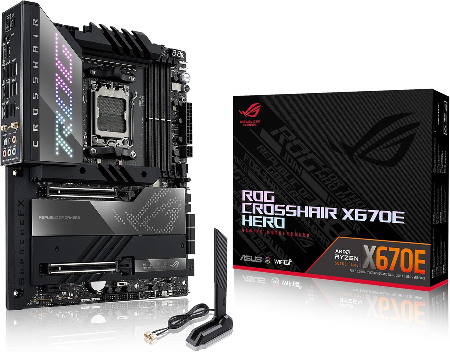 ASUS ROG Crosshair X670E Hero AMD X670 AM5 Ryzen Desktop 9000 8000 & 7000 ATX Motherboard, 18 + 2 Power Stages, PCIe® 5.0, DDR5, 5X M.2 Slots, USB 3.2 Gen 2×2 with Quick Charge 4+, USB4®, Wi-Fi 6E