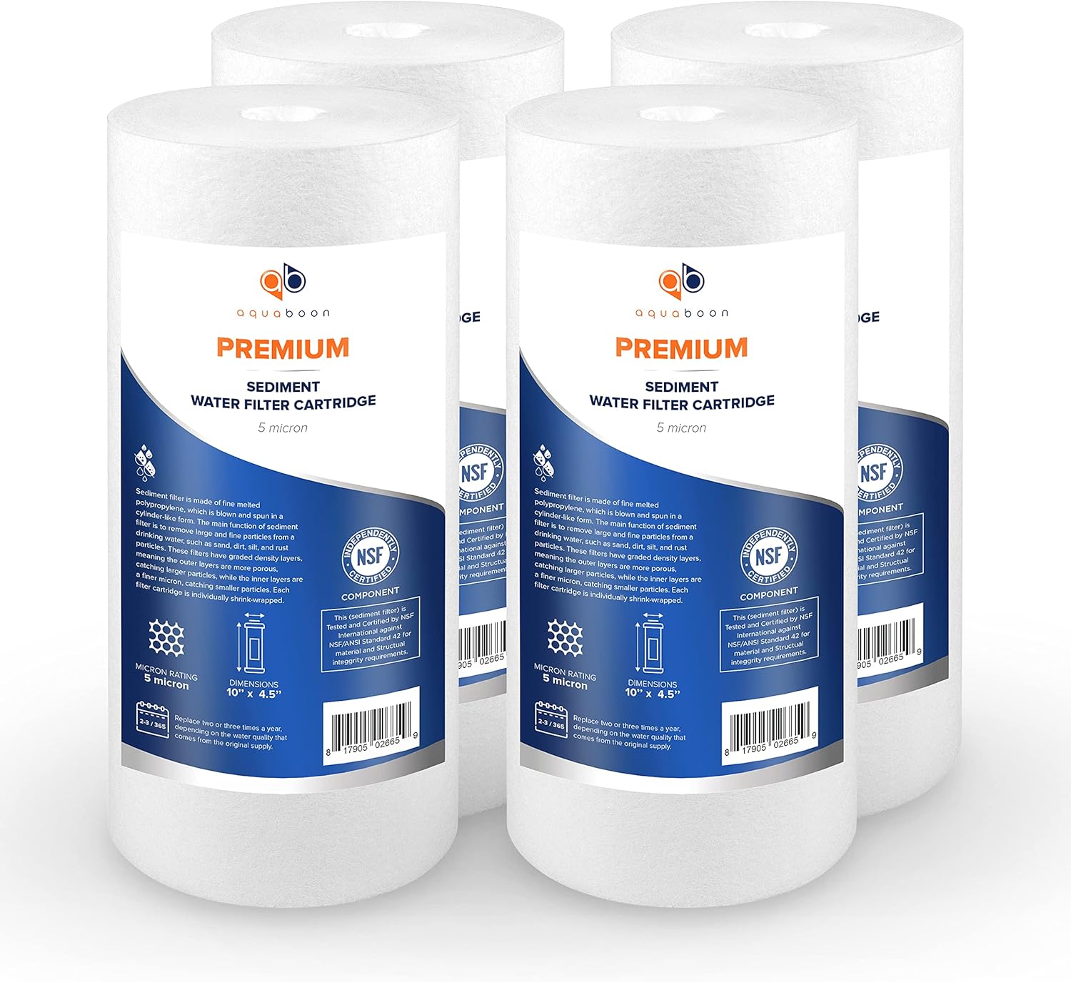 Aquaboon Premium 10” x 4.5” Sediment 5 Micron Water Filter Cartridge | Certified According to NSF | Compatible with Express Water FLTWH1045S, Pentek 155357-43, Pentair 155357-75 (4 Pack)