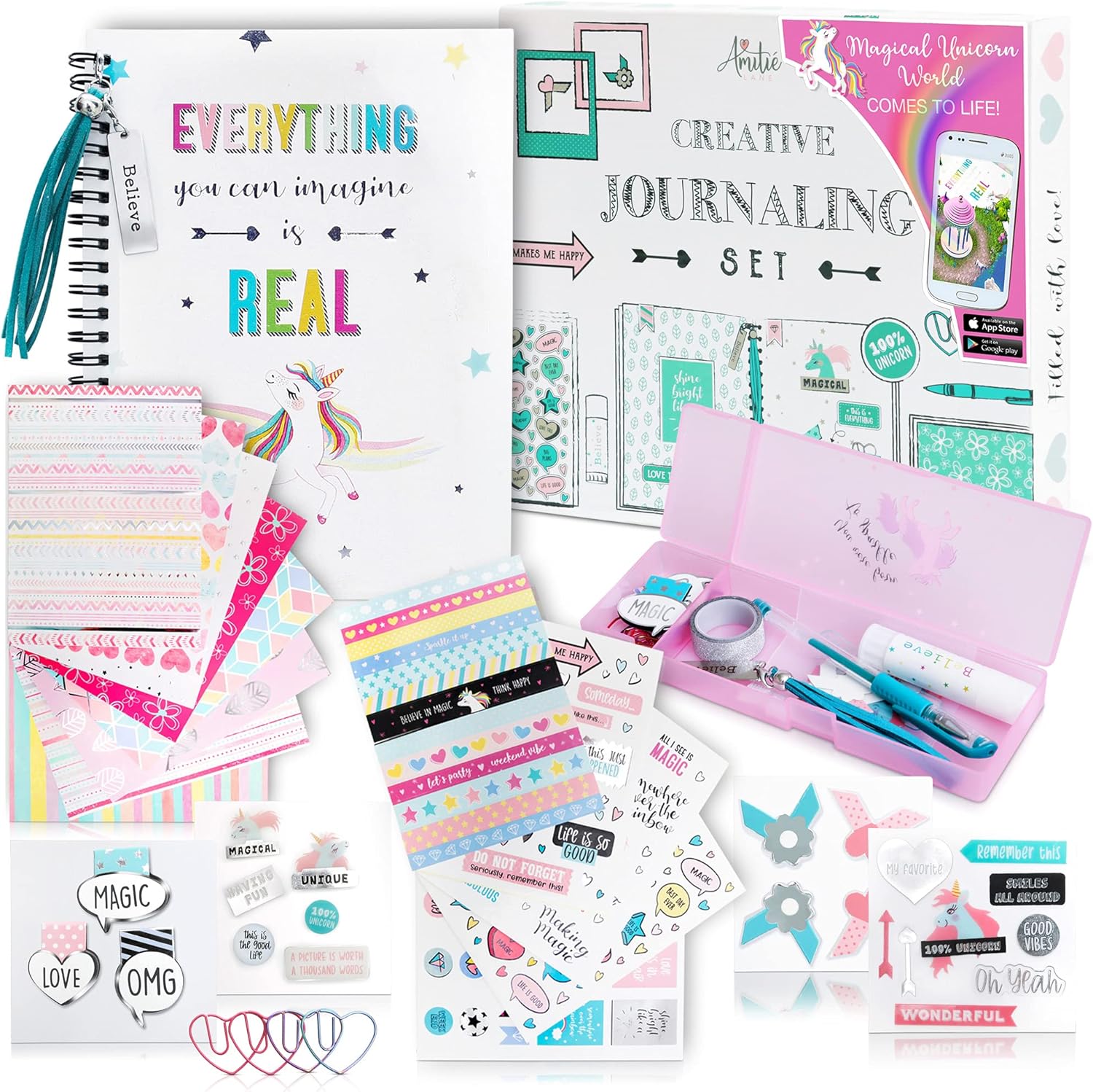 DIY Unicorn Journaling Set/Scrapbook Kit for Girls – Includes Scrapbooking Supplies Plus Augmented Reality Experience (STEM Toys) Use As Kids Planner, Organizer, Diary & Craft Kits