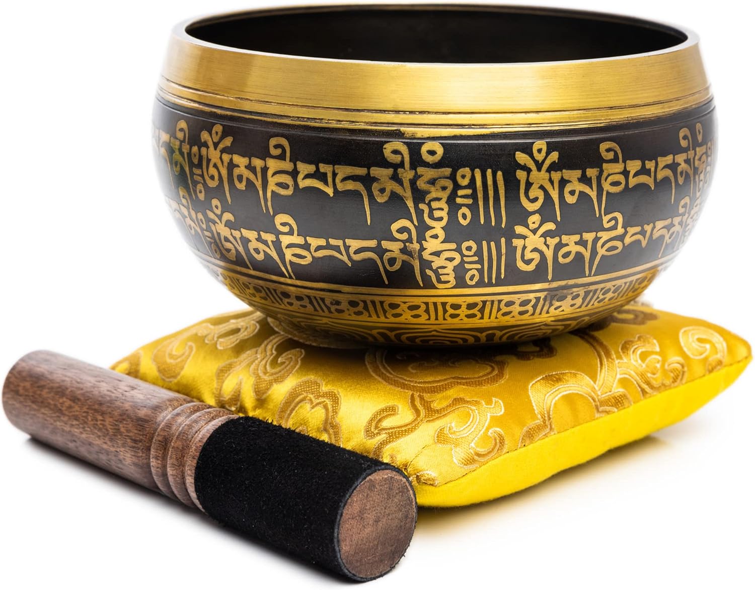 Tibetan Singing Bowl Set – Easy To Play Authentic Handcrafted For Meditation Sound Bowl Chakra Yoga Healing 4 Inches By Himalayan Bazaar (Black & Yellow)