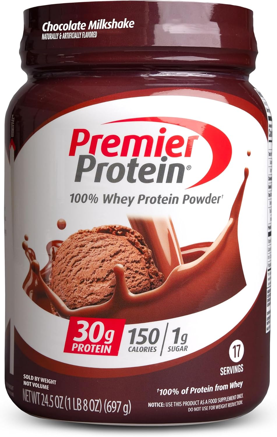 Premier Protein Powder, Chocolate Milkshake, 30g Protein, 1g Sugar, 100% Whey Protein, Keto Friendly, No Soy Ingredients, Gluten Free, 17 Servings, 24.5 Ounce (Pack of 1)