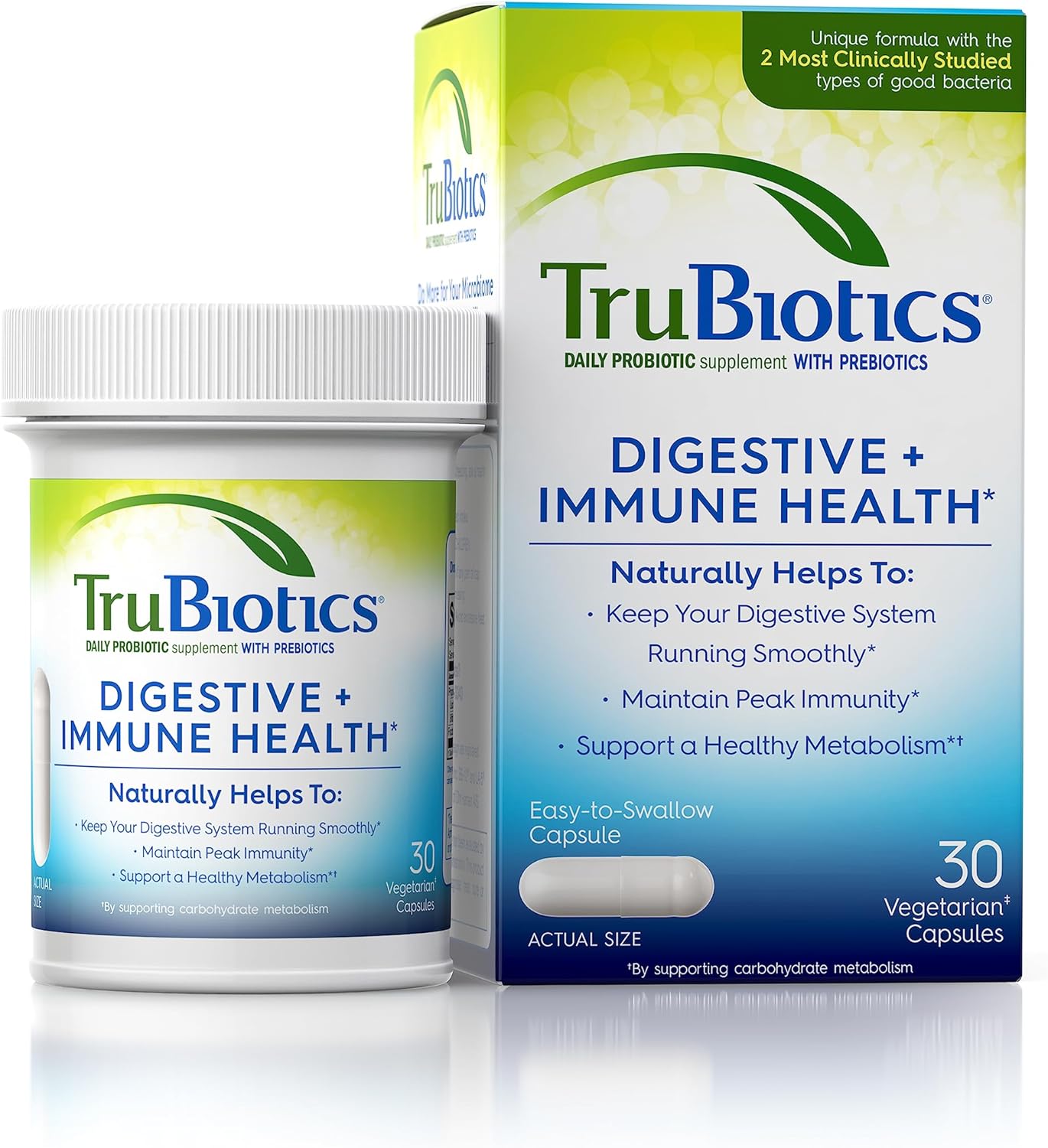 TruBiotics Probiotics for Digestive & Immune Health, Supports Regularity & Helps Relieve Abdominal Discomfort, Gas & Bloating, 2 Clinically Studied Probiotic Strains, Plus Prebiotics, 30 Capsules