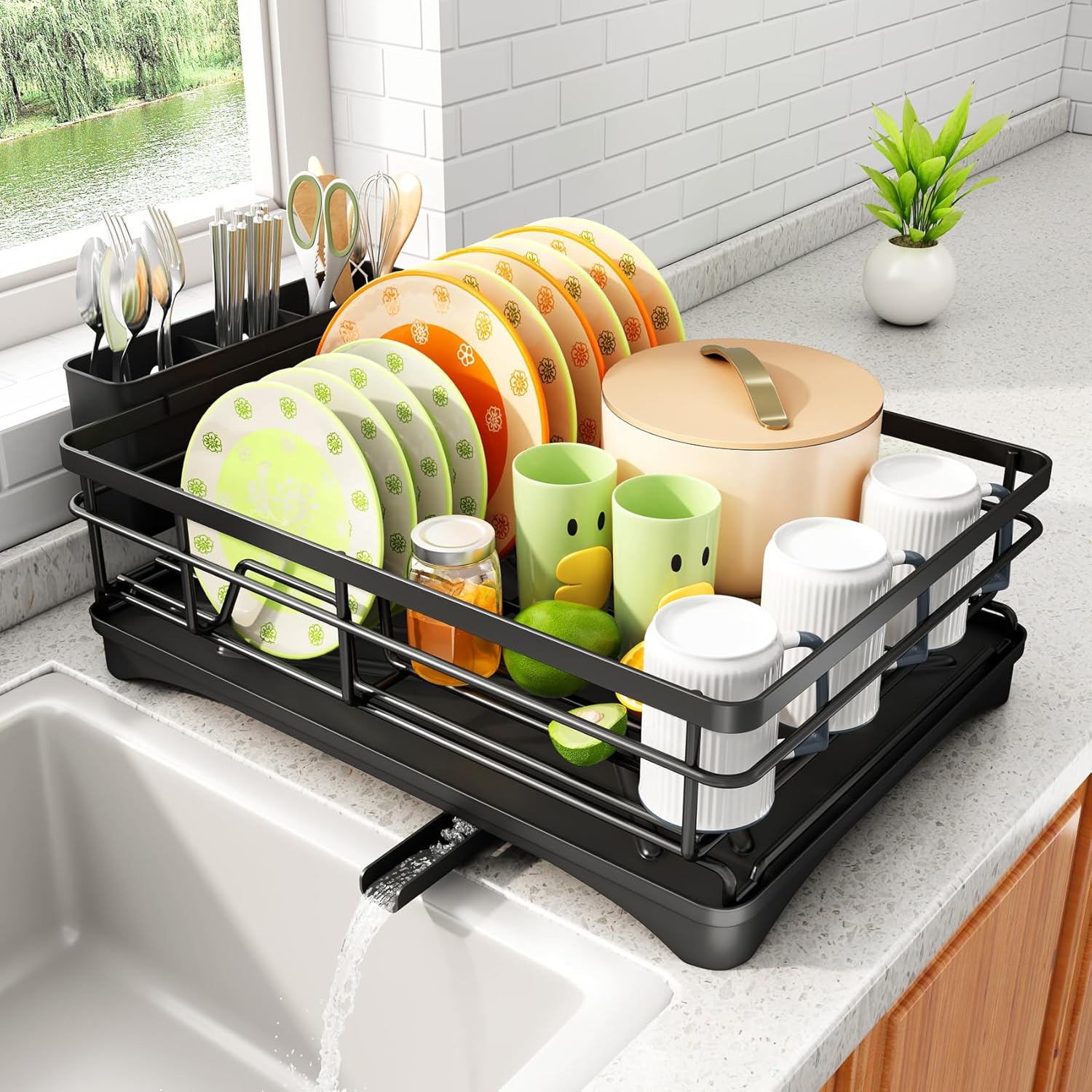 Dish Drying Rack – Stainless Steel Dish Rack for Kitchen Counter, Large-Capacity Dish Drainer with Cutlery Holder, Kitchen Organizer for Dishes, Spoons and Forks, Black