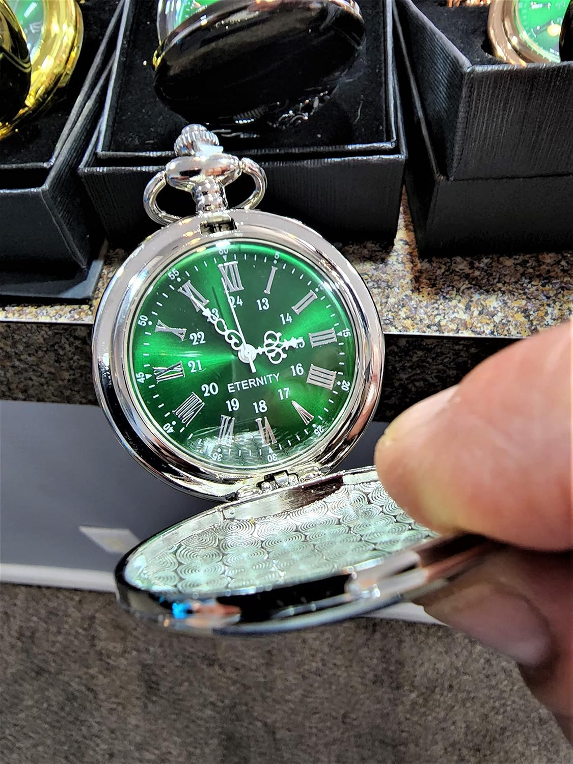 Engraved pocket watch, Green dial watch with Roman numerals, comes with the chain, fitted box and engraving. Vintage style pocket watch personalized (Silver)