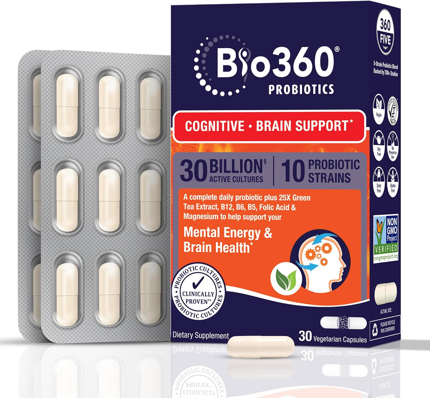 Cognitive Support Probiotic for Brain Health, Digestive, Immune Health & Mental Energy, 30 Billion, 10 Probiotics, 25X Green Tea Extract, Magnesium & Vitamin B5, B6 & B12, 30CT