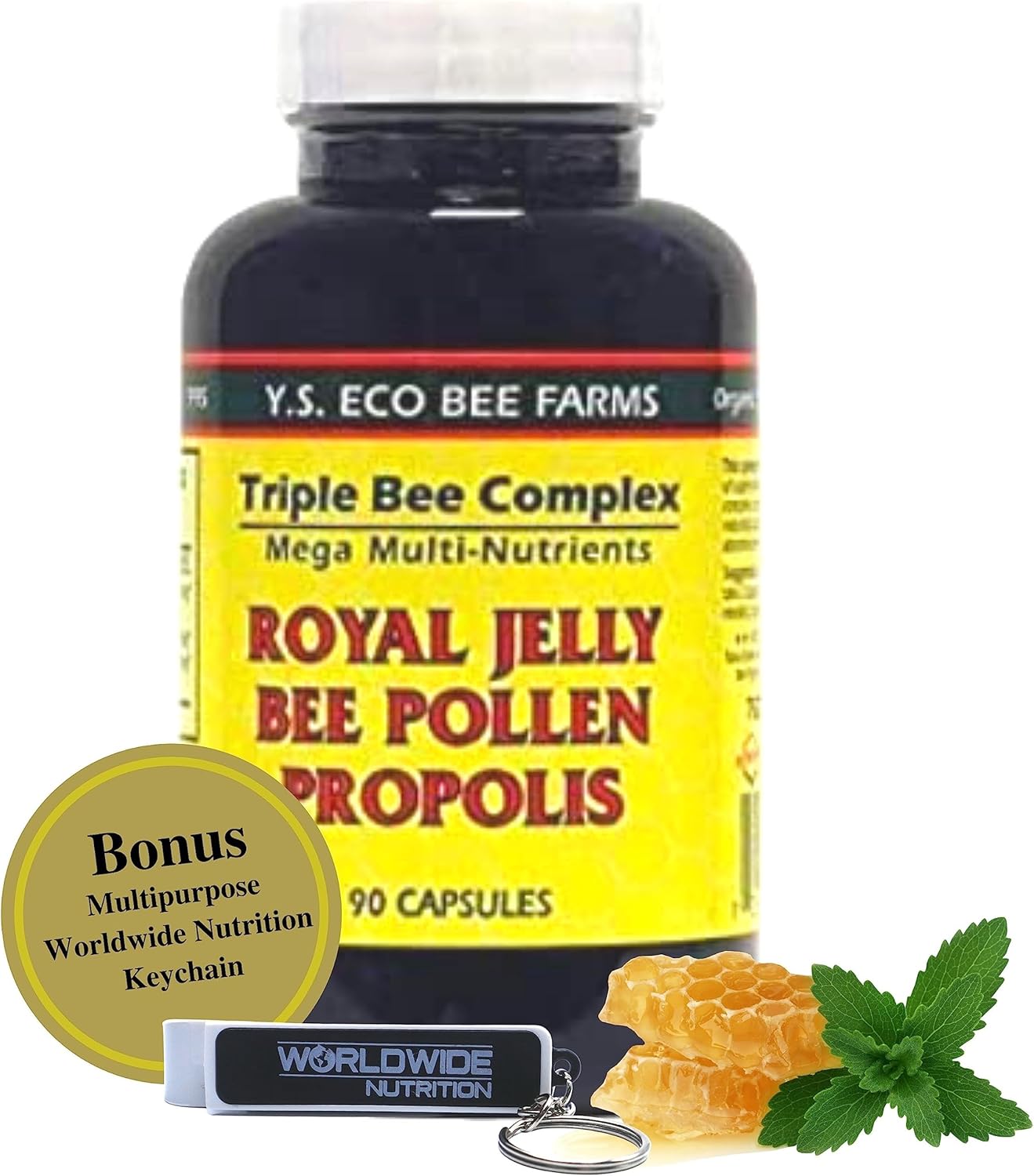 YS Organics Triple Bee Complex, Royal Jelly, Bee Pollen, Propolis – The Power of Nature Packed in 90 Capsules with Bonus worldwidenutrition Multi Purpose Key Chain