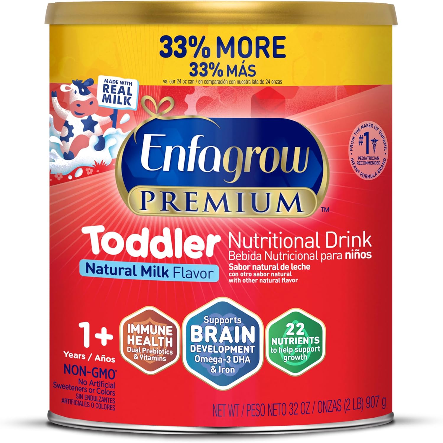 Enfagrow NeuroPro Toddler Nutritional Drink, Made with Real Milk, Brain-Building Omega-3 DHA, Nutrients and Prebiotics for Growth & Immune Support, Non-GMO, Toddler Milk Powder, 32 Oz Can