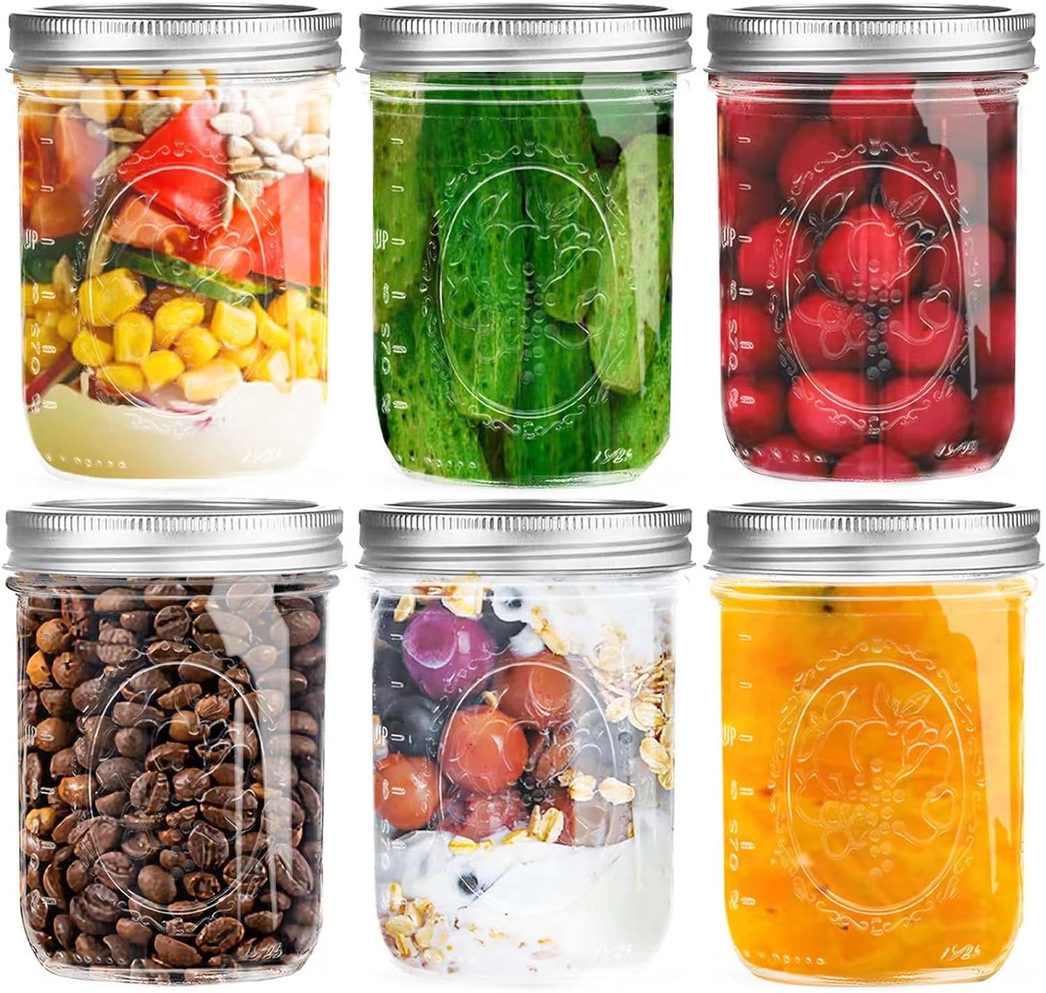 Wide Mouth Mason Jars 16 oz with Lids [6 Pack], Canning Jars with Metal Airtight Lids and Bands, 16 oz Glass Jars for Fermenting, Pickling, Freezing, Preserving, Meal Prep, Jar Décor