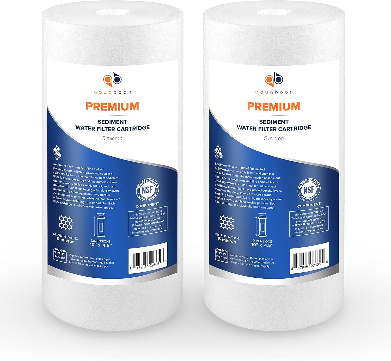 Aquaboon Premium 10” x 4.5” Sediment 5 Micron Water Filter Cartridge | Certified According to NSF | Compatible with Express Water FLTWH1045S, Pentek 155357-43, Pentair 155357-75 (2 Pack)