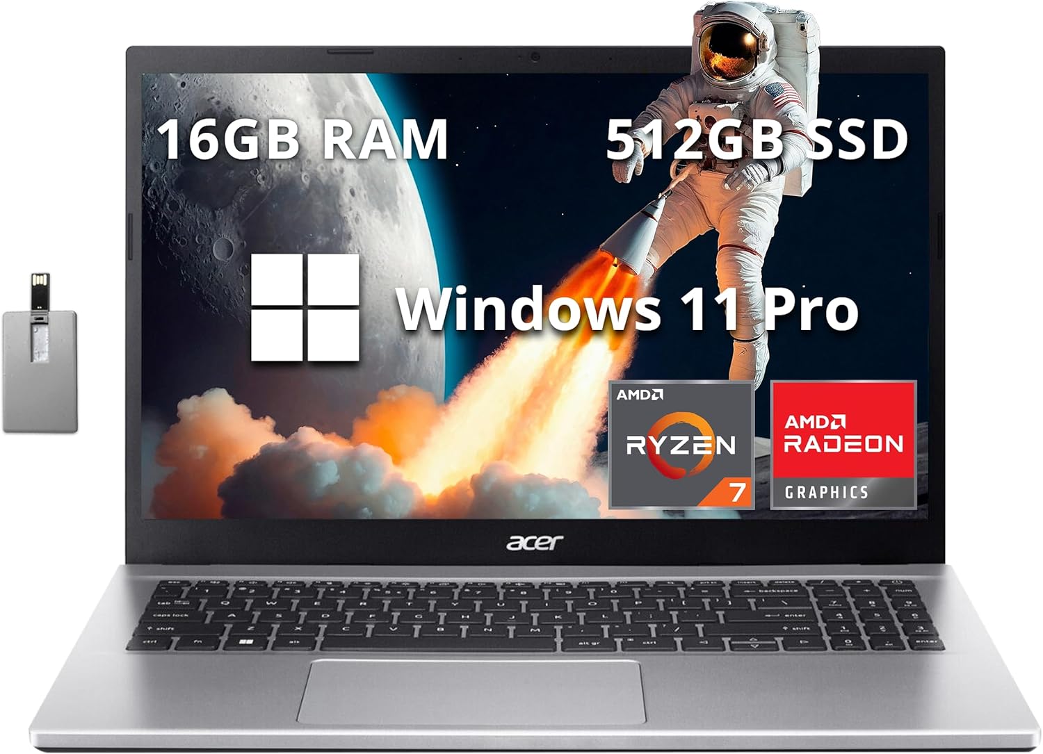 acer Aspire 3 15.6″ FHD Laptop, AMD Ryzen 7 5700U Processor, 16GB RAM, 512GB SSD, AMD Radeon Graphics, Numeric Keypad, 720p HD Webcam, Wi-Fi 6, Windows 11 Pro, Silver, 32GB Hotface USB Card