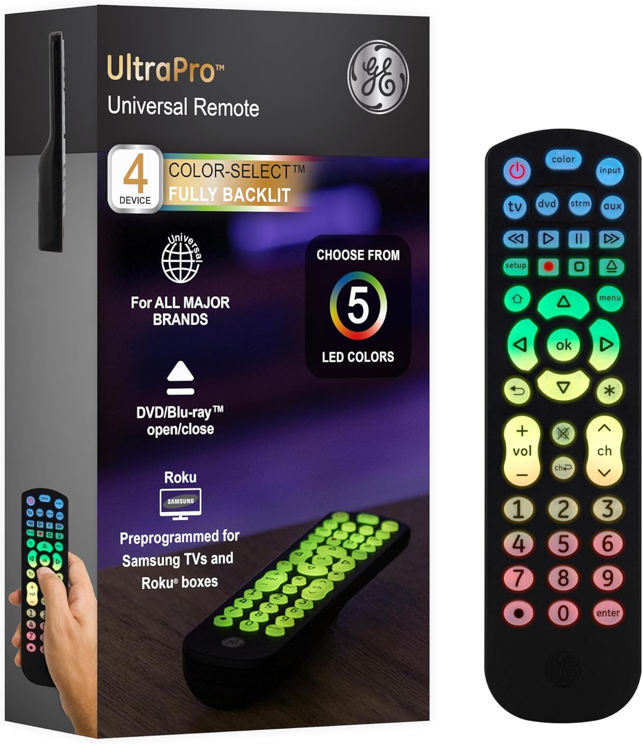 GE Color Select Backlit Buttons Universal Remote Control, Samsung TV Remote Control Replacement, Samsung Remote Control for Smart TV, Roku Remote Replacement, Vizio, LG TV, Sony, 4-Device, Black 44220