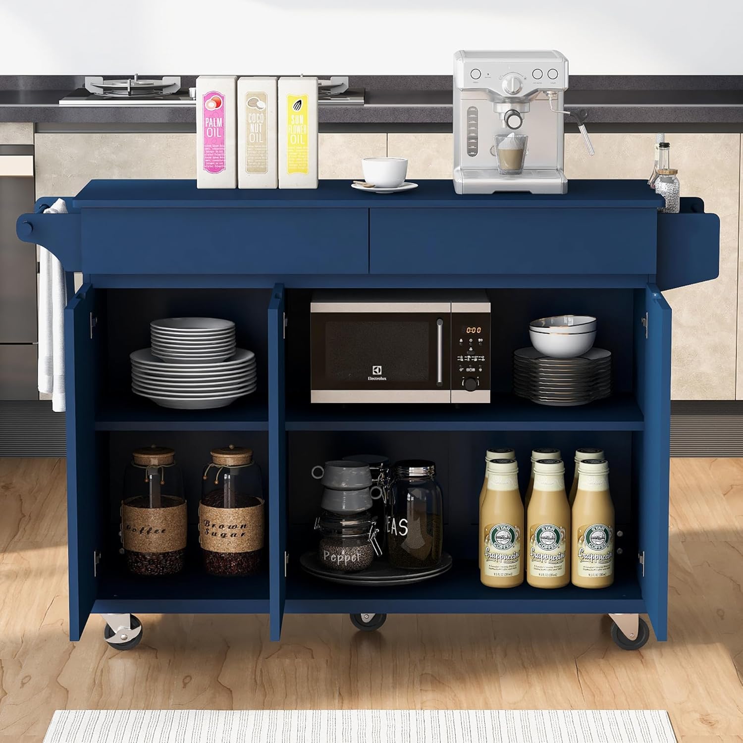 53.2″ Large Rolling Kitchen Island Cart on Wheels with Drop Leaf, Spice Rack, Towel Rack and 2 Drawers, Adjustable Shelves for Kitchen, Dining Room, Navy Blue