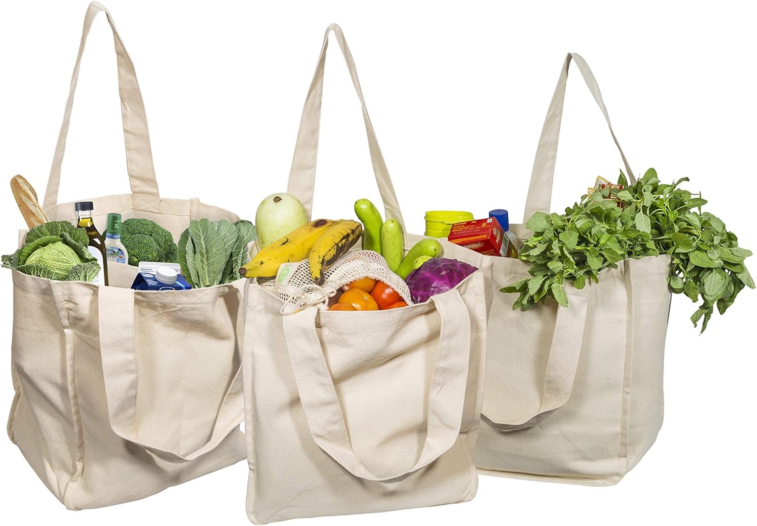 Best Canvas Grocery Shopping Bags – Canvas Grocery Shopping Bags with Handles – Cloth Grocery Tote Bags – Reusable Shopping Grocery Bags – Organic Cotton Washable & Eco-friendly Bags (3 Bags)