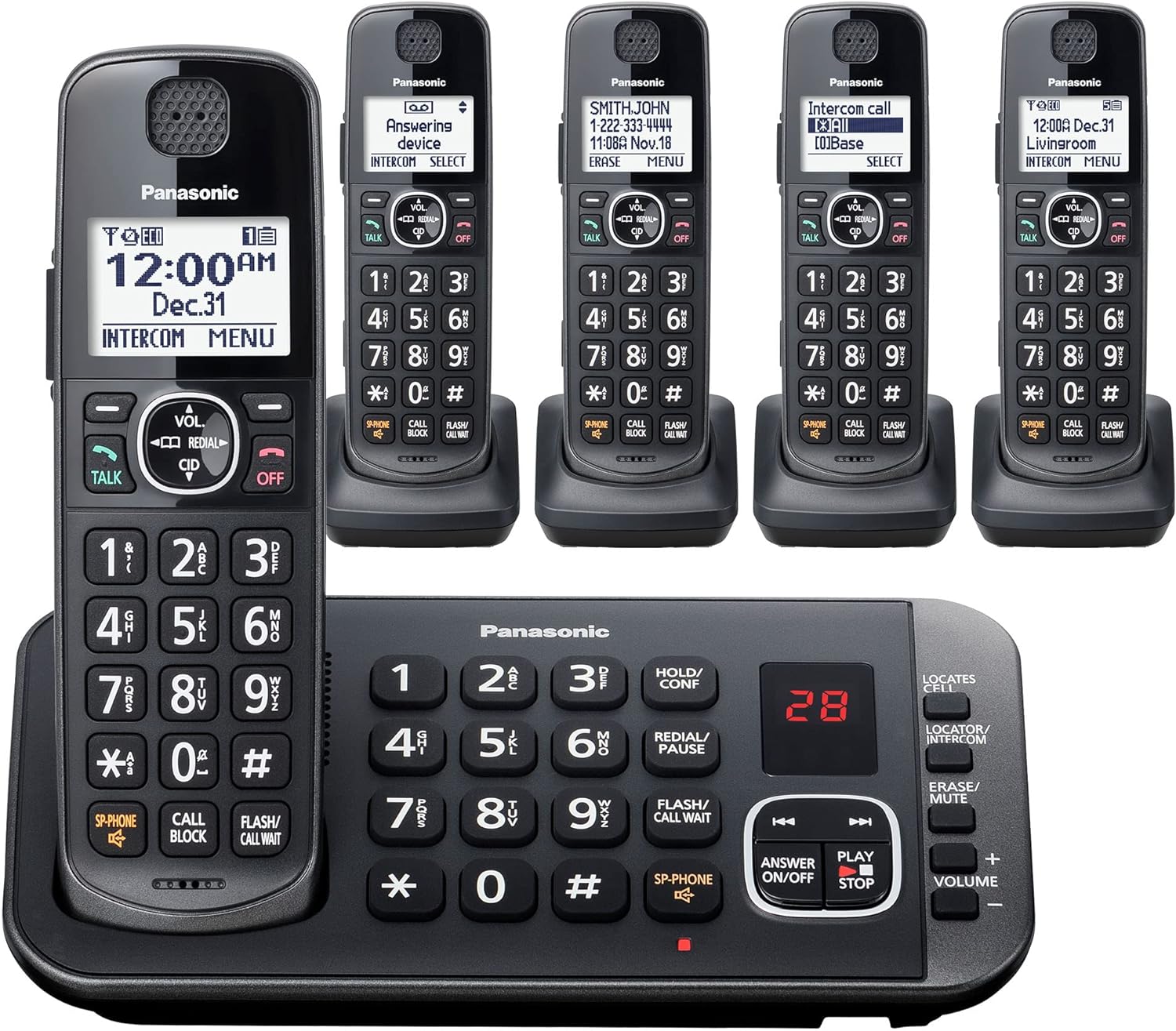 Panasonic DECT 6.0 Expandable Cordless Phone System with Answering Machine and Enhanced Noise Reduction – 5 Handsets – KX-TGE645M (Metallic Black)