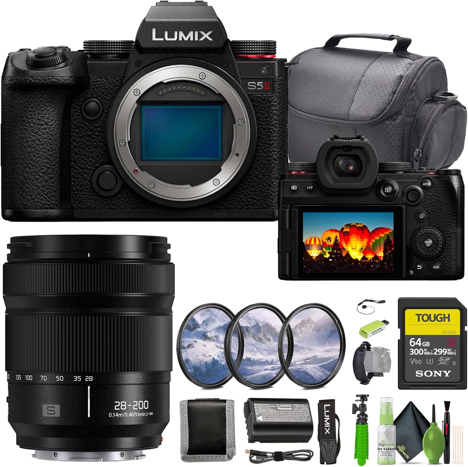 Panasonic Lumix S5II Mirrorless Camera Bundle With Lumix S 28-200mm f/4-7.1 MACRO O.I.S. Lens + 64GB Memory Card + Cleaning kit + Hand Strap + Lens Cap Keeper + 12 Inch Flexible Vlogging Tripod + More