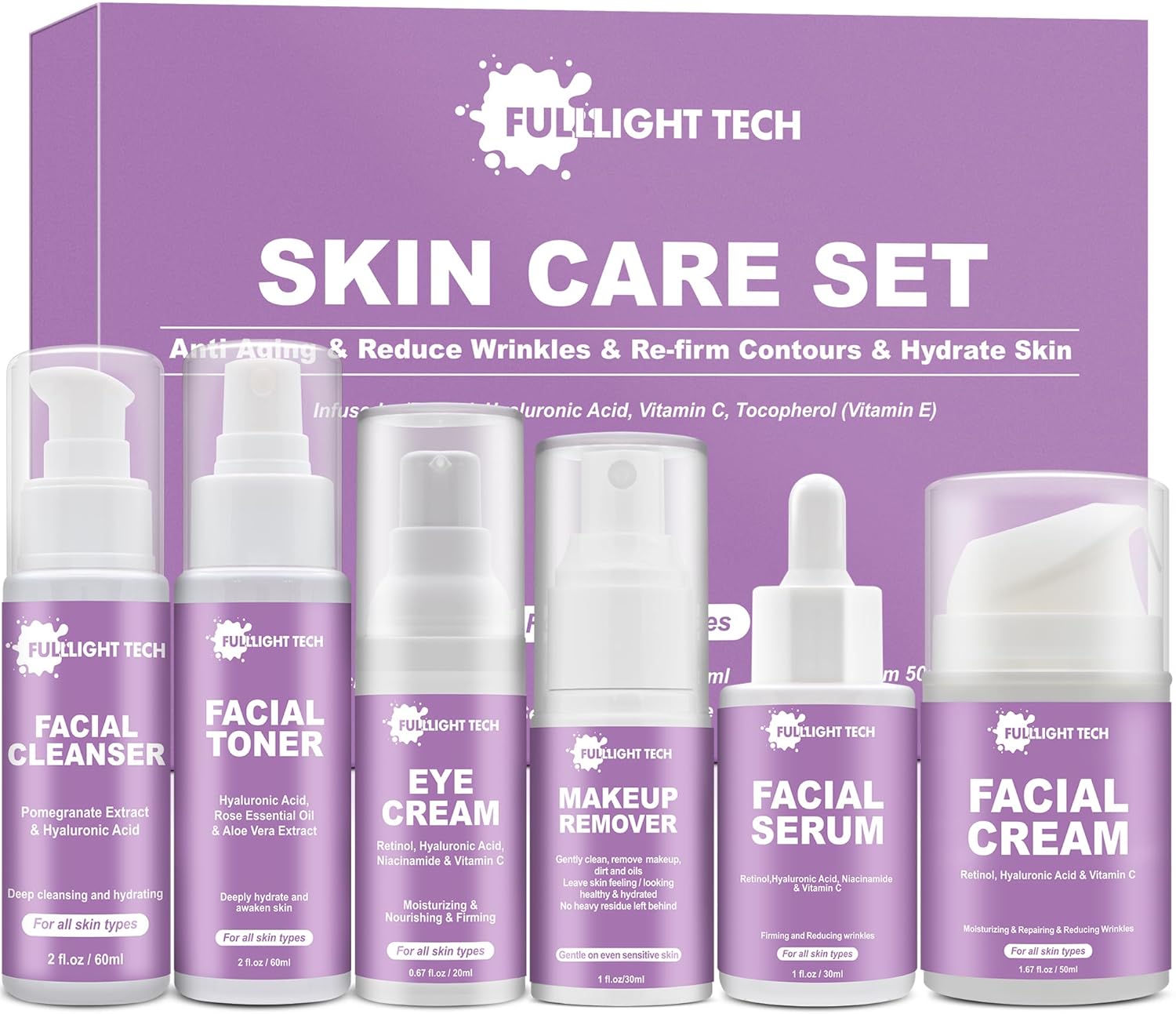 Skin Care Set,Anti Aging Skin Care Kit,Reduce Wrinkles & Hydrate Skin,Facial Cleanser,Toner,Cream,Serum,Eye Cream Skincare Gift Set,Wife Mom Women Gifts for Christmas,Valentines Day Gifts for Her