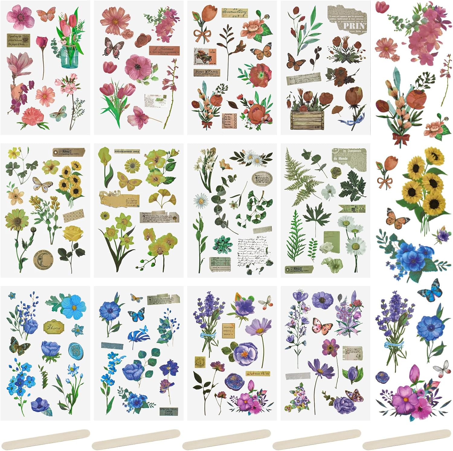 WANDIC Rub On Transfer Stickers Set, 6 Styles 12Pcs Art Plants Flowers Stickers for Scrapbook Journal Sticker of Sewing Handicraft Decor