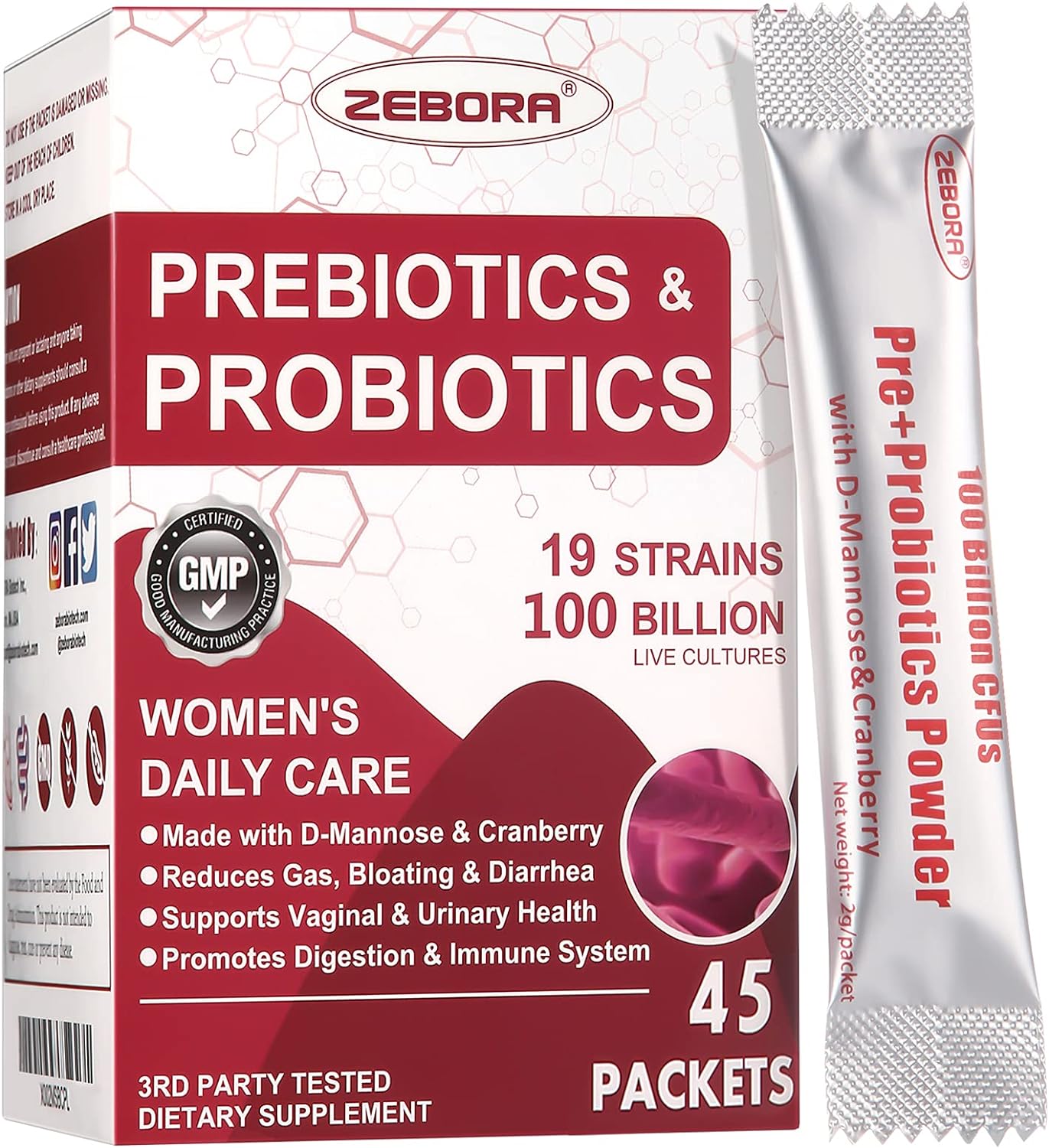 ZEBORA Probiotics-for-Women 100-Billion-CFUs with Prebiotics, D-Mannose & Cranberry for Digestive, Immune, Feminine UT Health Support, Ultimate Probiotic Women’s Care, Soy & Gluten Free, 45 Packets