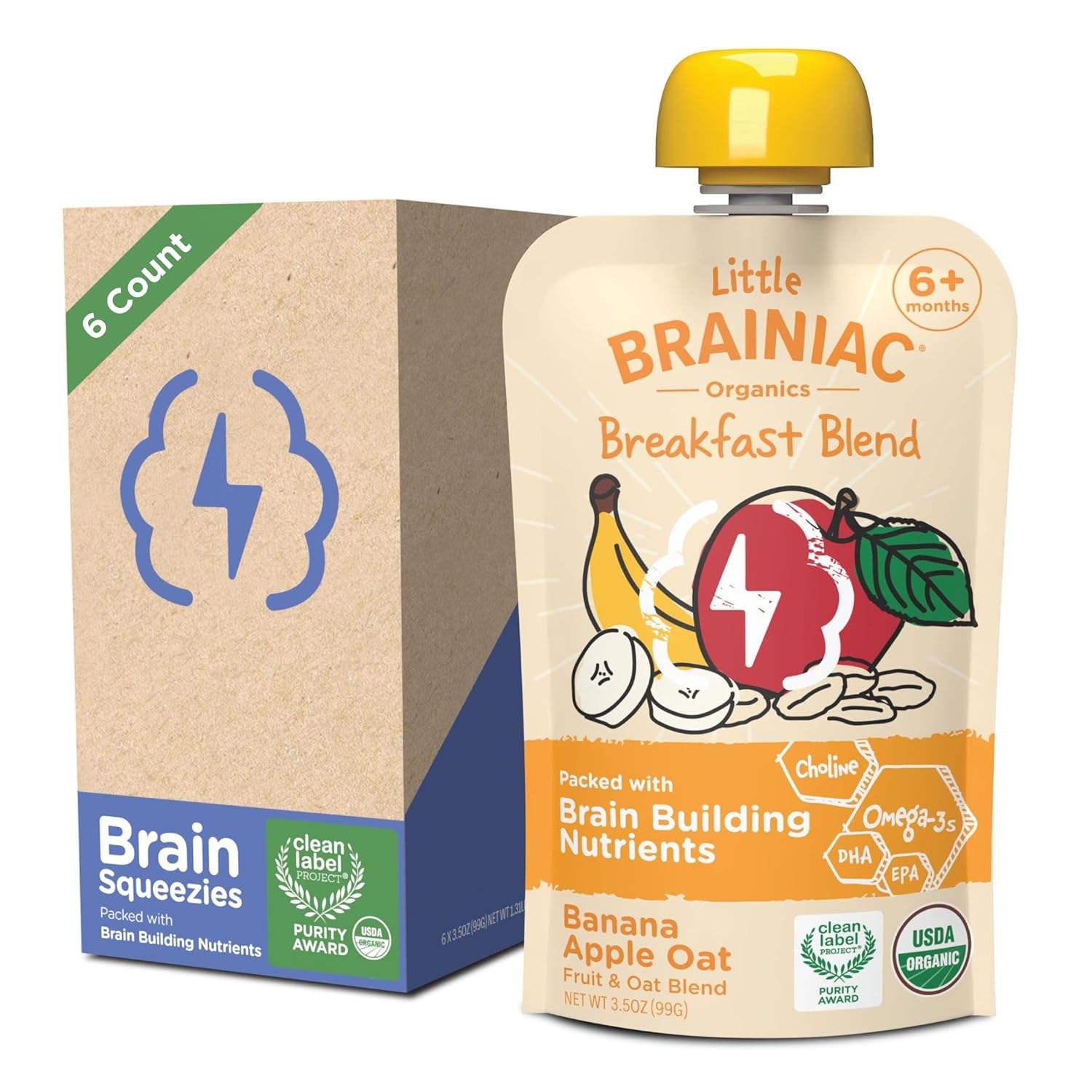 Little Brainiac Breakfast Blend Organic Fruit & Oat Toddler Pouches, Banana Apple Oat with Omega-3s DHA/EPA and Choline, Clean Label, BPA-Free, Non-GMO, 3.5 oz, Pack of 12