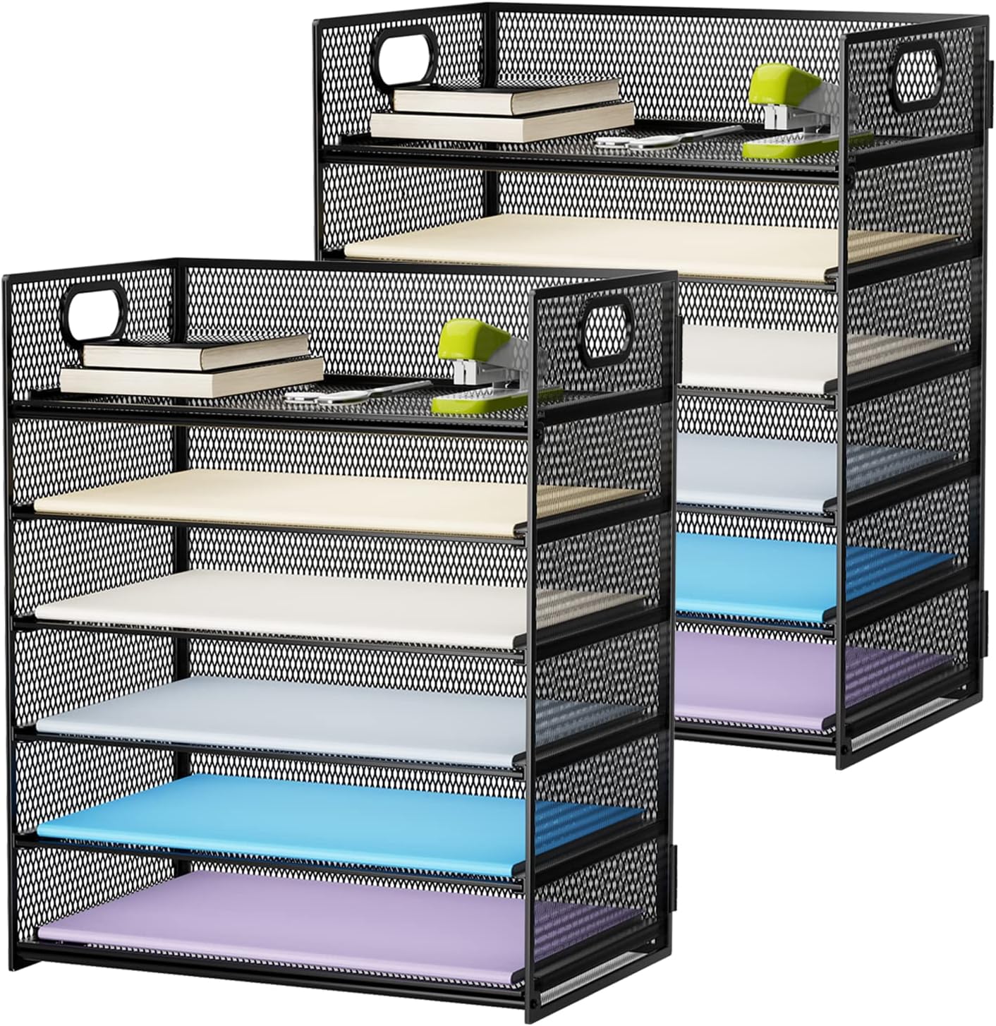 Marbrasse 2 Pack Desk Organizer with Handle, 6 Tier Paper Organizer Letter Tray Organizer, Mesh Desk File Organizer for Office, School and Home