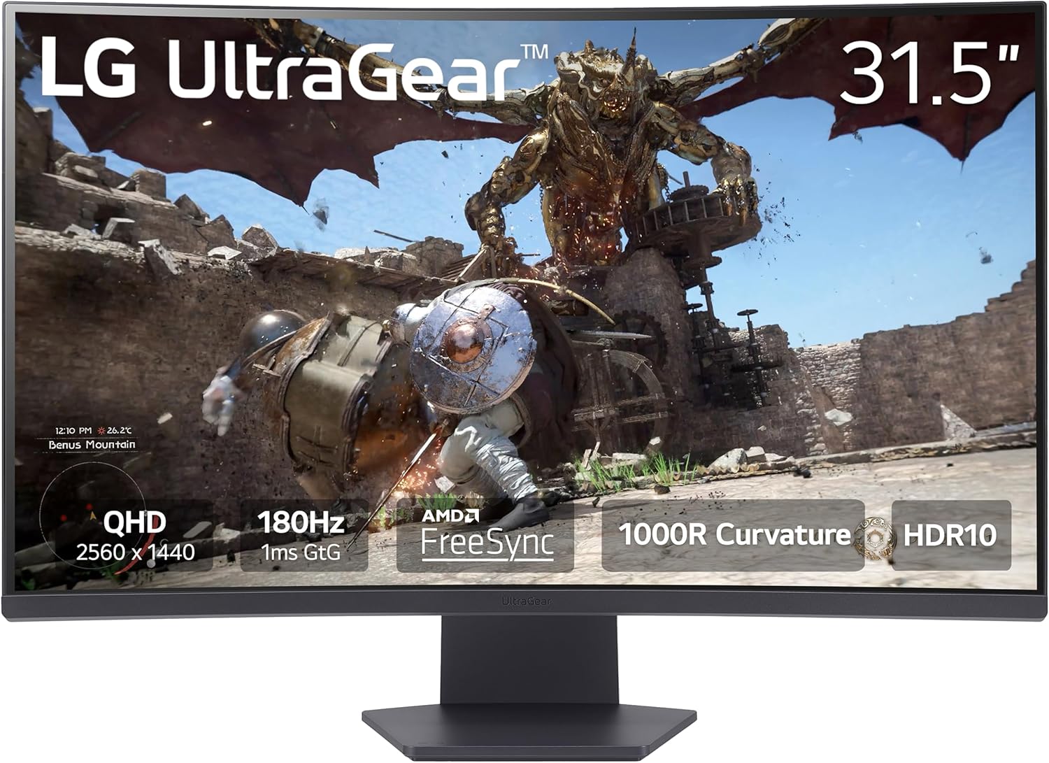 LG 32GS60QC-B Ultragear 32-inch Curved Gaming Monitor QHD (2560×1440) 180Hz 1ms 1000R AMD FreeSync HDR10 HDMIx2 DisplayPort Black