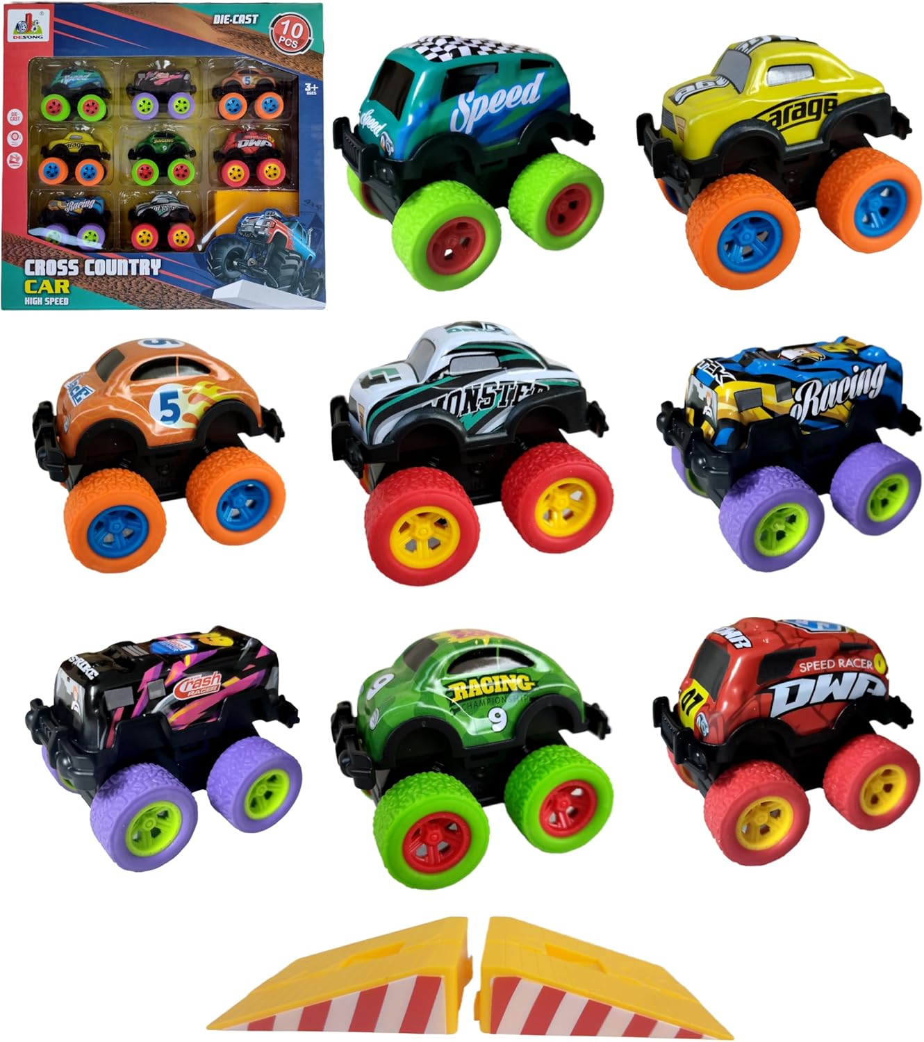 1 Set of 8pcs Pull Back Mini Monster Trucks Plus 2pcs Ramps Toy Cars, Rubber Tires, Birthday Gifts, Party Favors, Christmas Holiday Family Play for Toddlers Kids Boys Girls