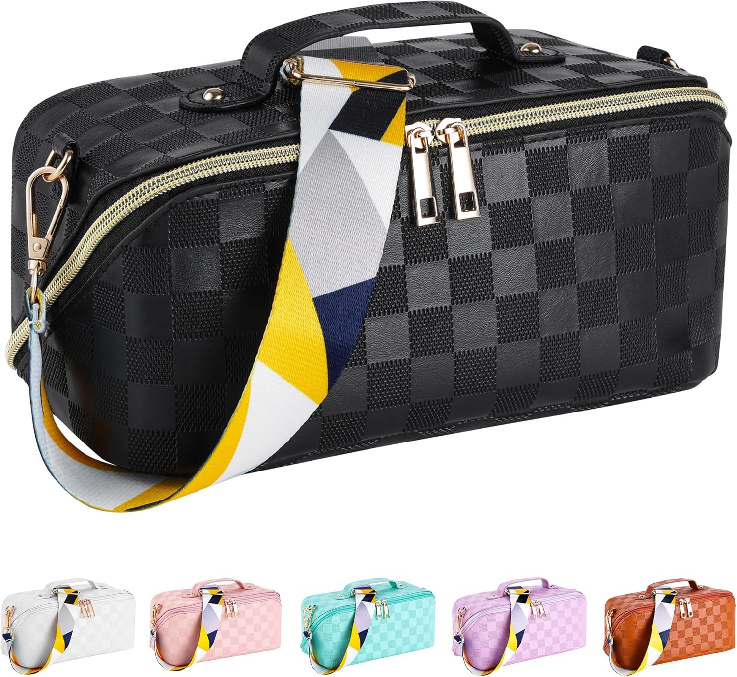 Travel Makeup Bag, Large Capacity Cosmetic Bags For Women, PU Leather Waterproof Portable Pouch Open Flat Lay Checkered Bag Make up Organizer With Divider and Handle (Black)