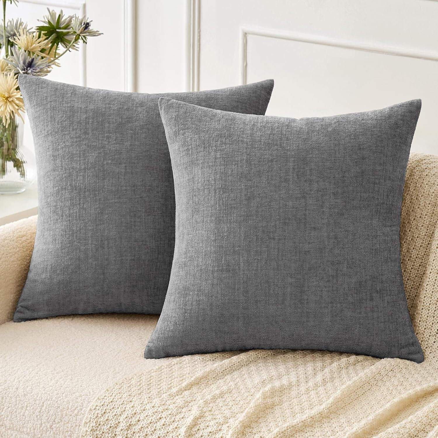 MIULEE Pack of 2 Couch Throw Pillow Covers 18×18 Inch Soft Dark Gray Chenille Pillow Covers for Sofa Living Room Solid Dyed Pillow Cases