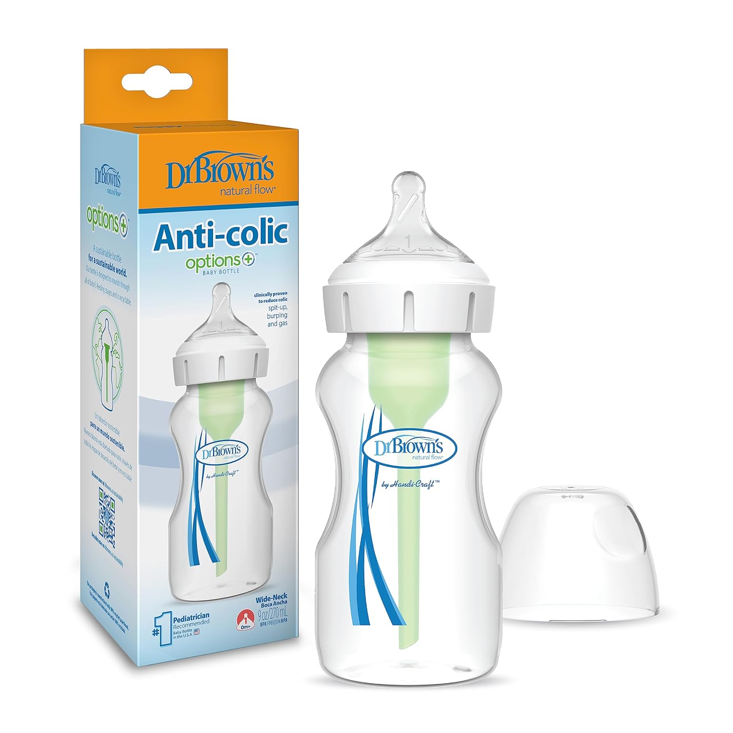 Dr. Brown’s Natural Flow Anti-Colic Options+Wide-Neck Baby Bottle,9 oz/270 mL,Level 1 Nipple,1-Pack,0m+